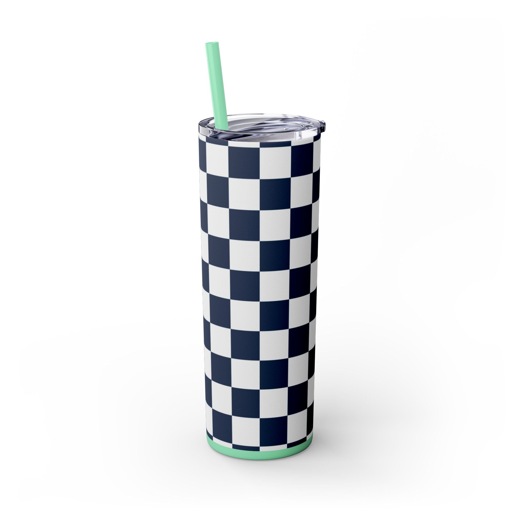 Checkerboard White and Navy Blue Skinny Tumbler with Straw, 20oz, Artsulli - Art is Long, Life is Short, Mug, , , , , , , 