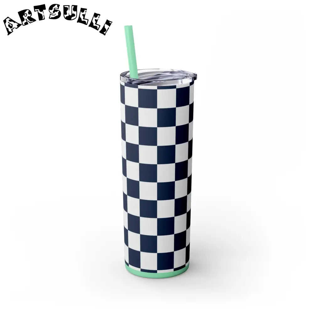 JAKKOUTTHEBXX Checkerboard White and Navy Blue Skinny Tumbler