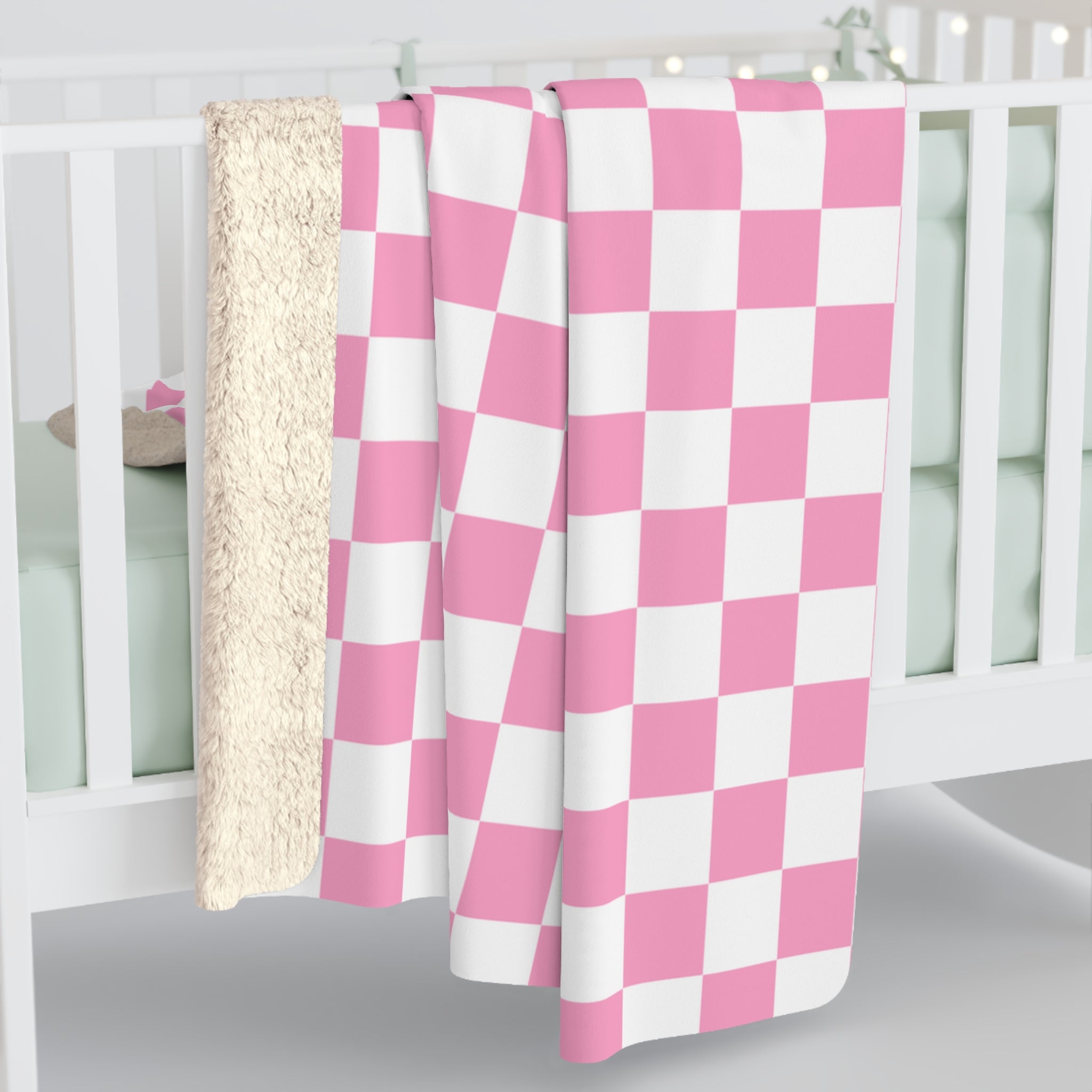 Checkerboard II Hot Pink and White Sherpa Fleece Blanket, Artsulli - Art is Long, Life is Short, Home Decor, , , , , , , 