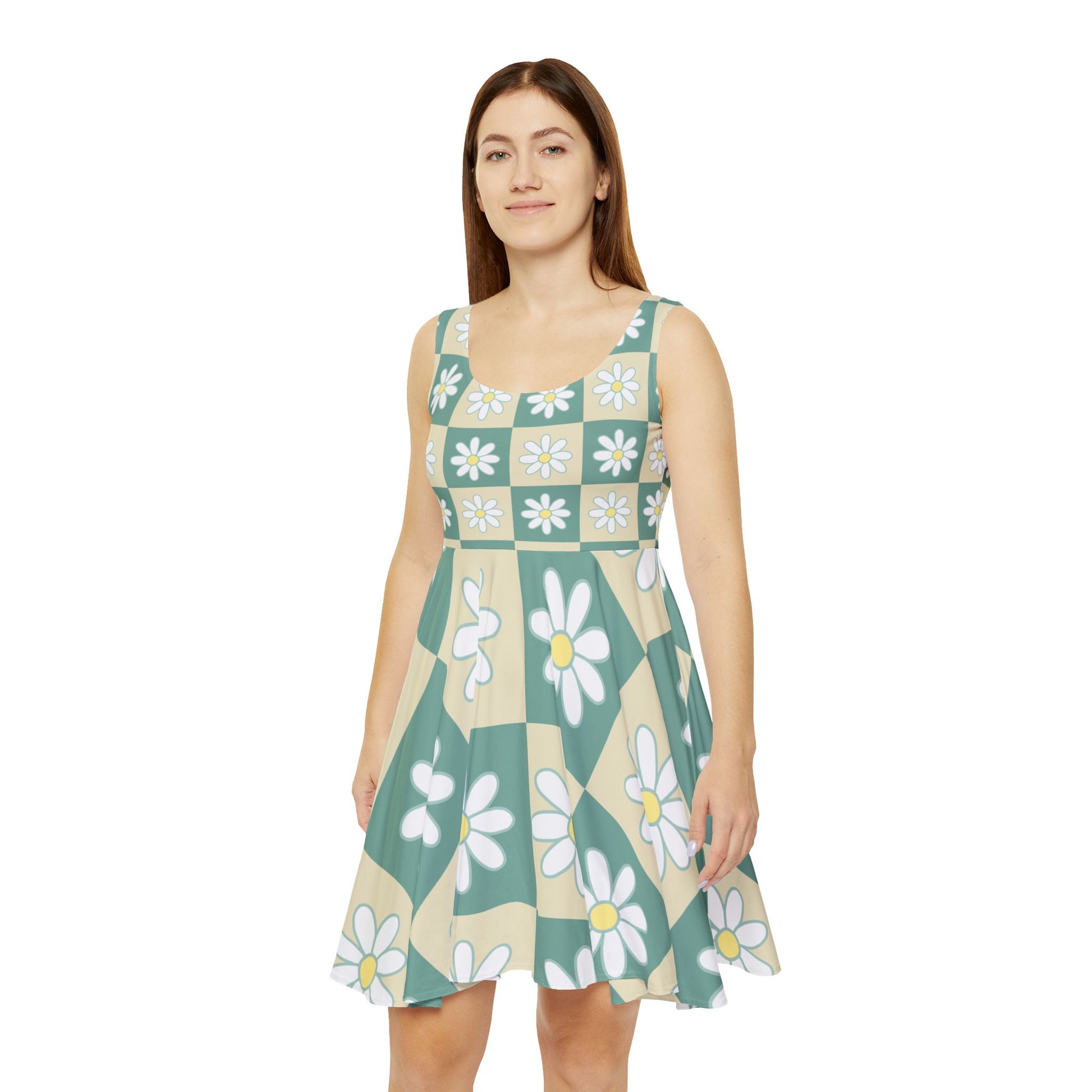 Retro Daisy Grid Retro Daisy Checkerboard Green and Tan Women's Skater Dress (AOP), Artsulli - Art is Long, Life is Short, All Over Prints, , , , , , , 