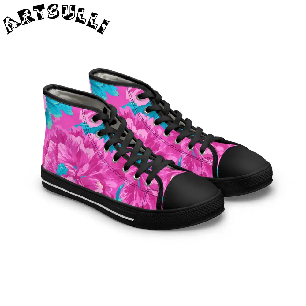 80s Dreamscape Floral II Women's High Top Sneakers, Artsulli - Art is Long, Life is Short, Shoes, Size, US 5.5, Color, Black sole, , , 28023504877754018198