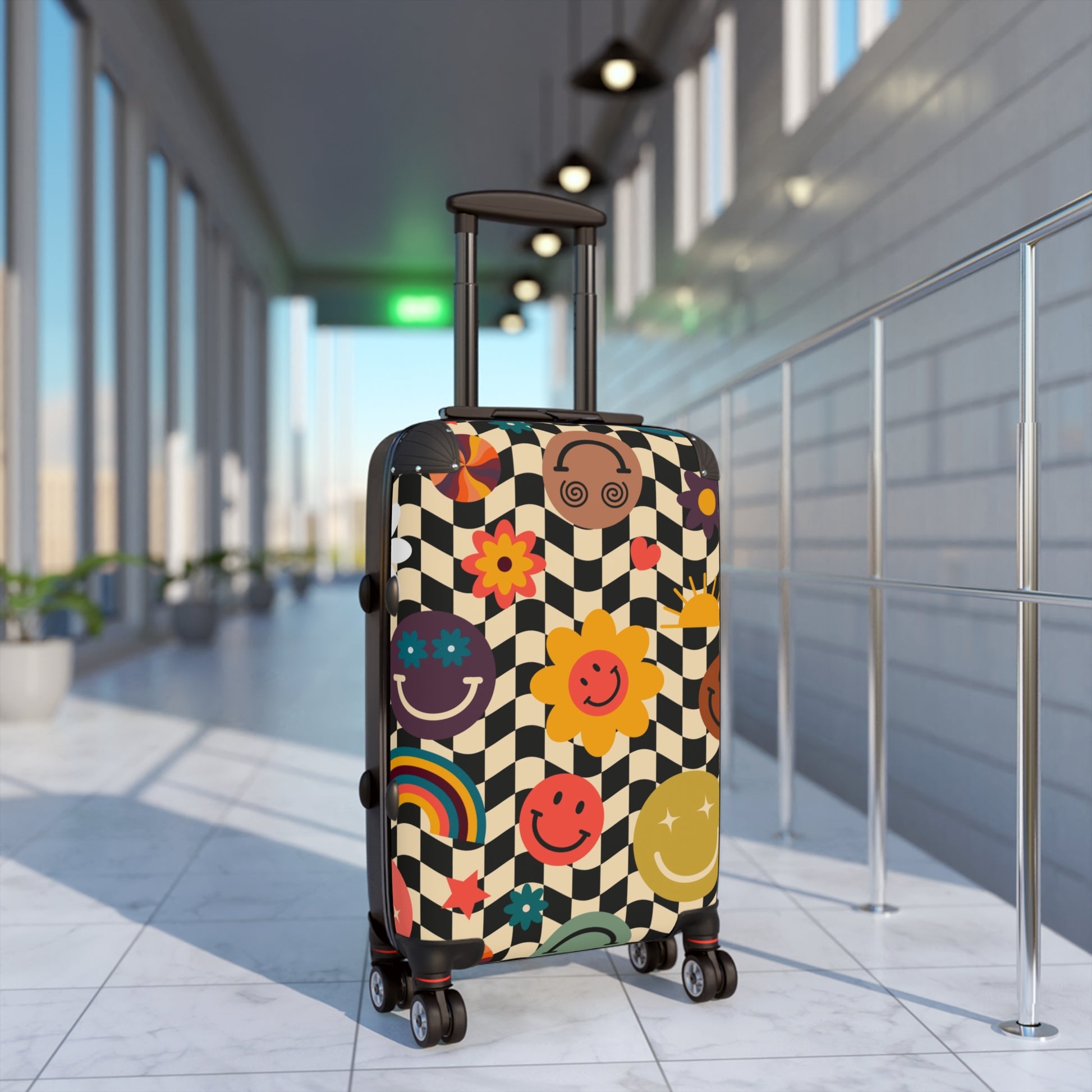 Trippy x Wavy Checkerboard x Smiley Face x Rainbow x Flowers Multi-Color Suitcase, Artsulli - Art is Long, Life is Short, Bags, , , , , , , 
