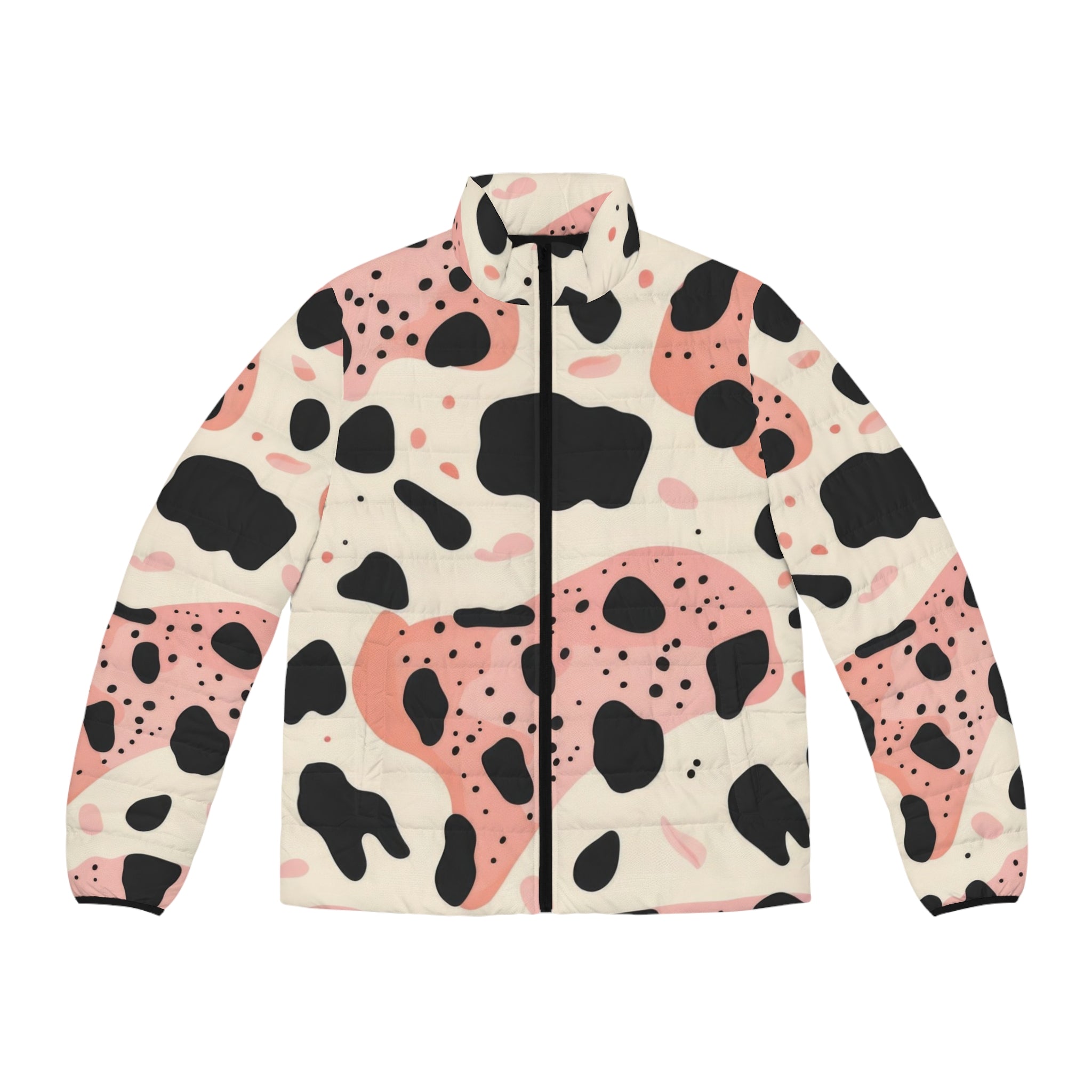 Organic Cow Print Cream and Pink Men's Puffer Jacket (AOP), Artsulli - Art is Long, Life is Short, All Over Prints, Size, S, Color, Black zipper, , , 85545112966775