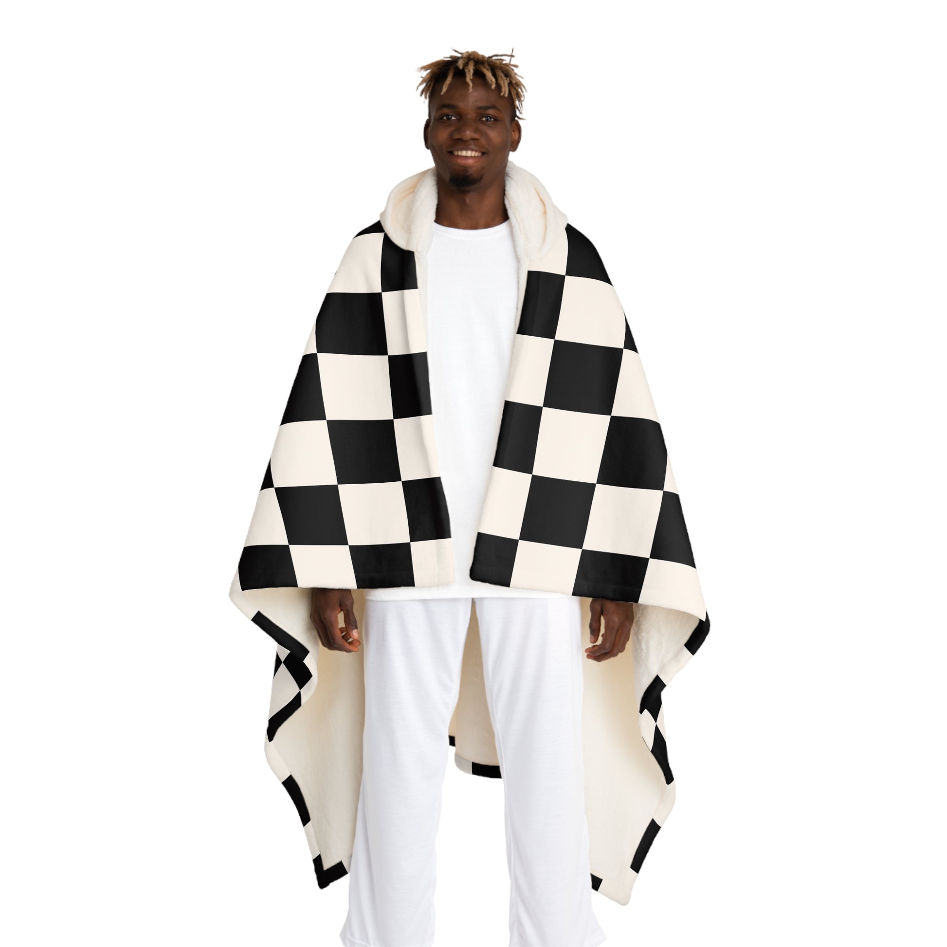 Checkerboard Black and White Hooded Sherpa Fleece Blanket, Artsulli - Art is Long, Life is Short, All Over Prints, Size, One size, Color, Cream, , , 23475677713545