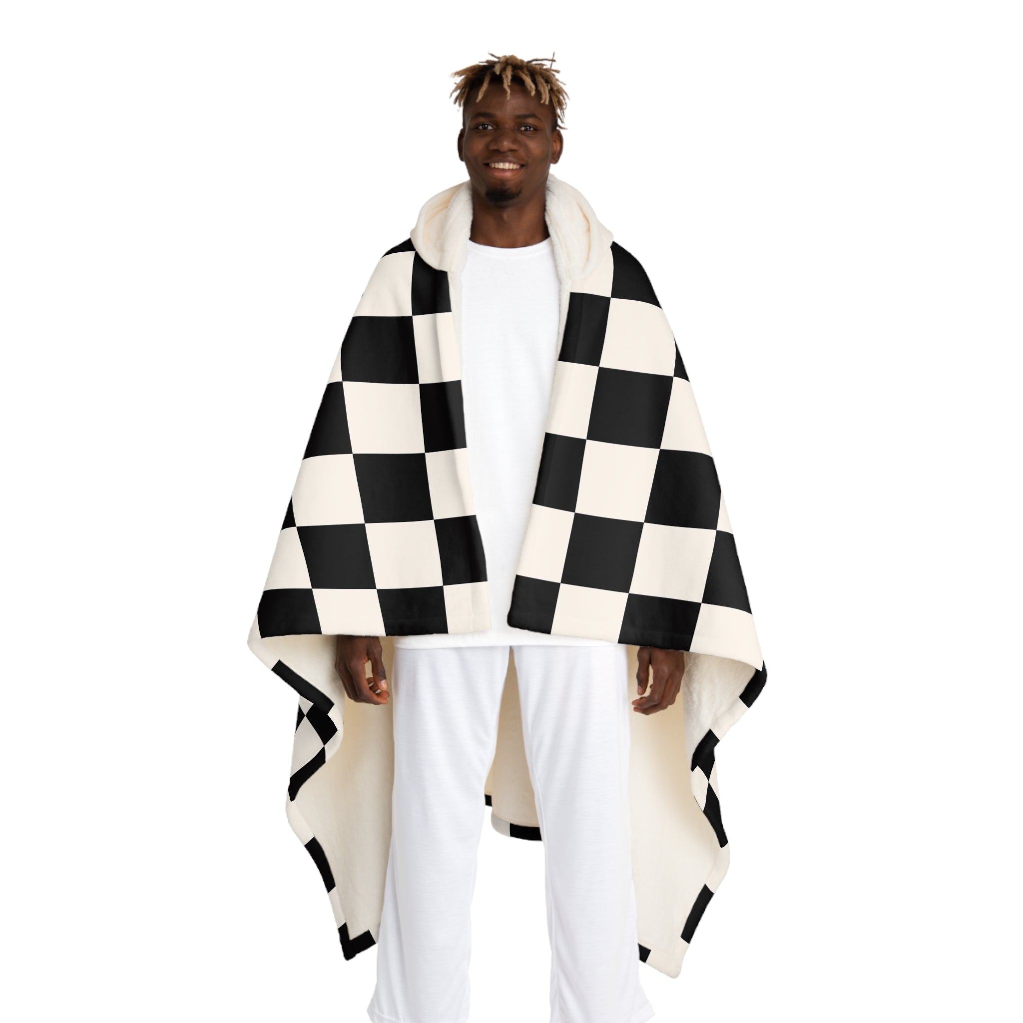 Checkerboard Black and White Hooded Sherpa Fleece Blanket, Artsulli - Art is Long, Life is Short, All Over Prints, Size, One size, Color, Cream, , , 23475677713545