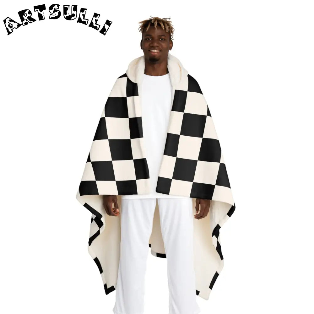 JAKKOUTTHEBXX Checkerboard Black and White Hooded Sherpa Fleece