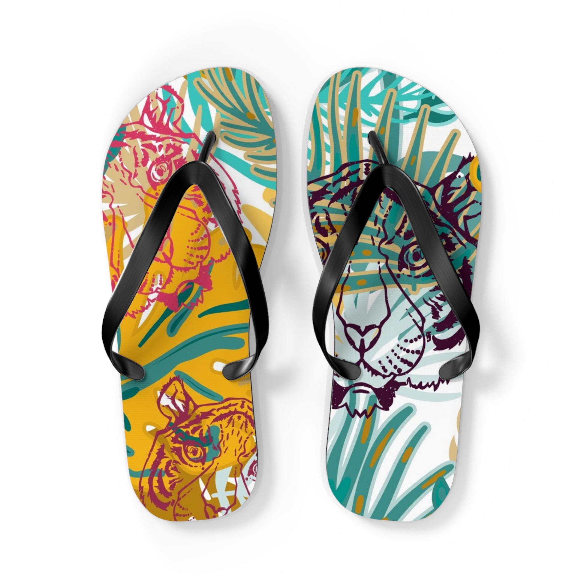 Tropical Jungle Tigers Brown and Green Flip Flops, Artsulli - Art is Long, Life is Short, Shoes, Size, L, Color, Black sole, , , 14416750339357