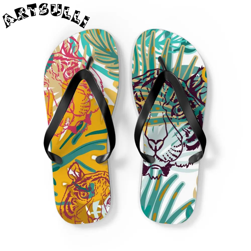 JAKKOUTTHEBXX Tropical Jungle Tigers Brown and Green Flip Flops