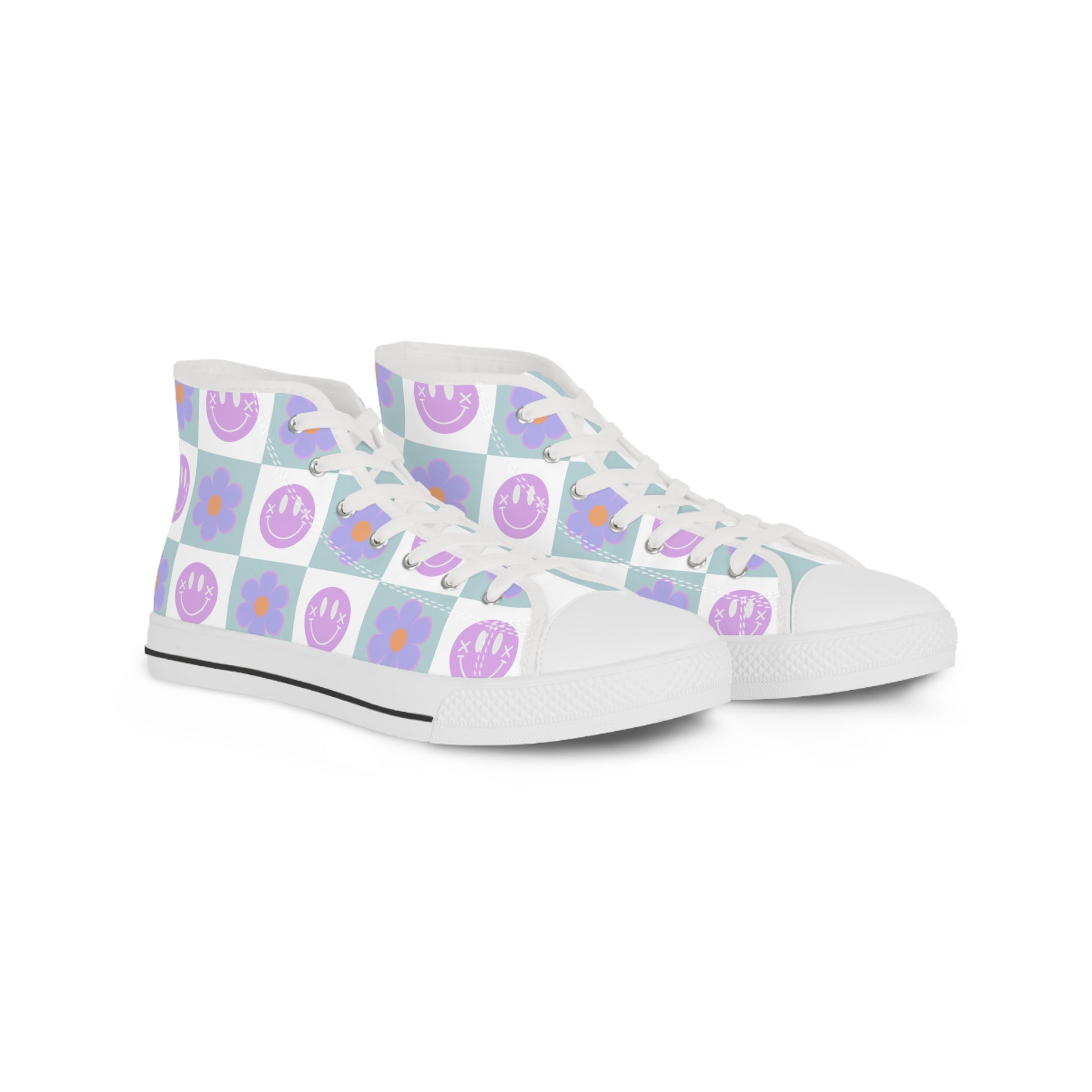 Flower x Smiley Face x Checkerboard Purple Men's High Top Sneakers, Artsulli - Art is Long, Life is Short, Shoes, Size, US 5, Color, White sole, , , 10843600323607
