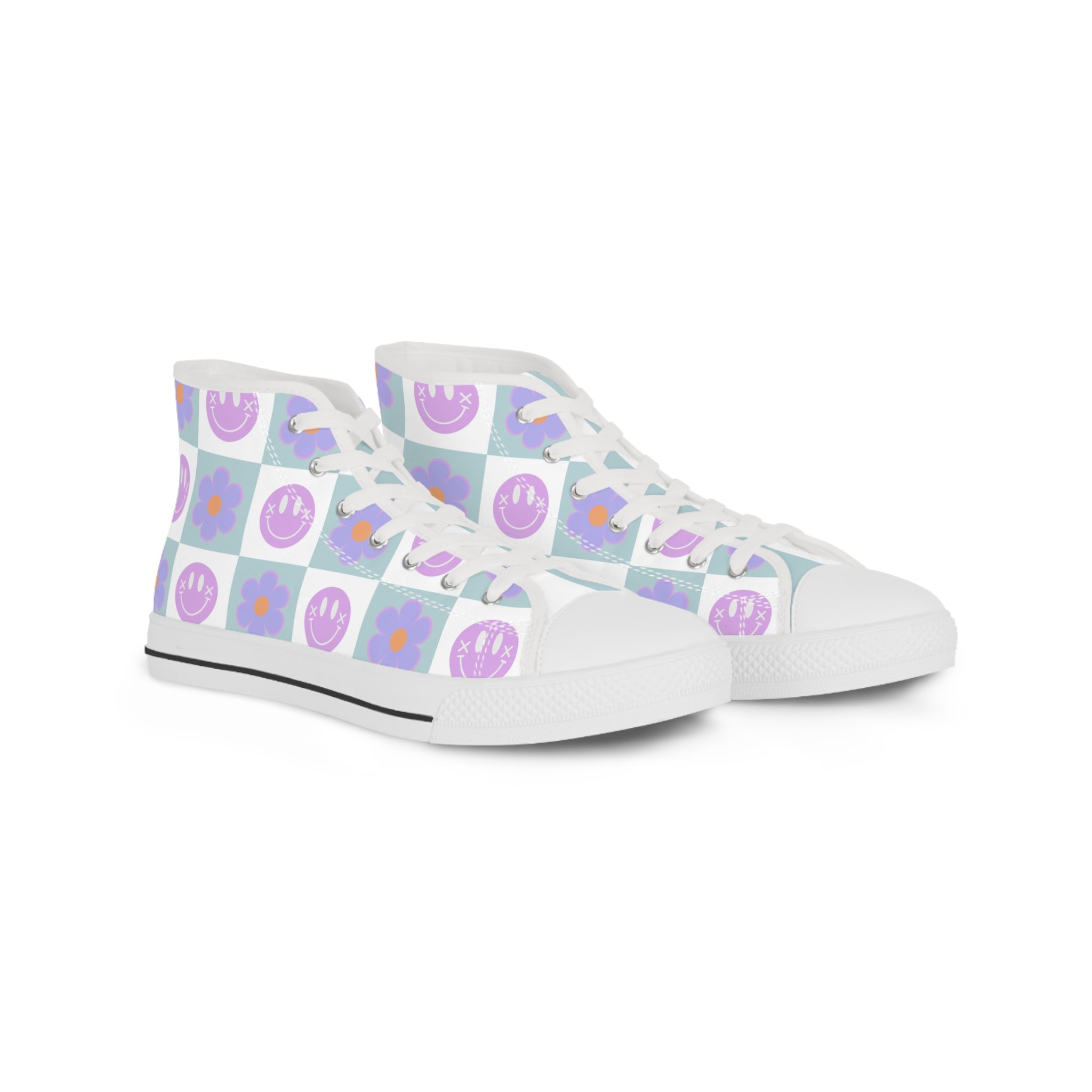 Flower x Smiley Face x Checkerboard Purple Men's High Top Sneakers, Artsulli - Art is Long, Life is Short, Shoes, Size, US 5, Color, White sole, , , 10843600323607
