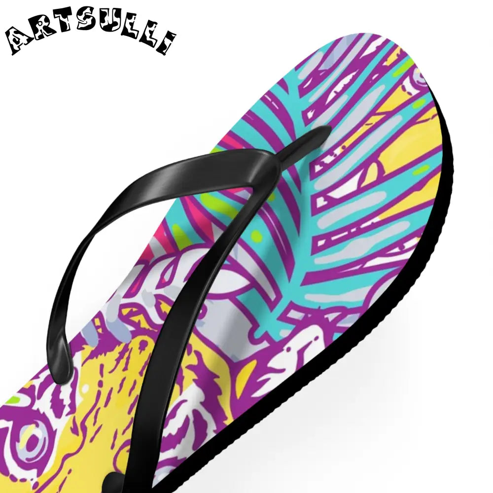 JAKKOUTTHEBXX Tropical Floral Tigers Torquise and Purple Flip Flops