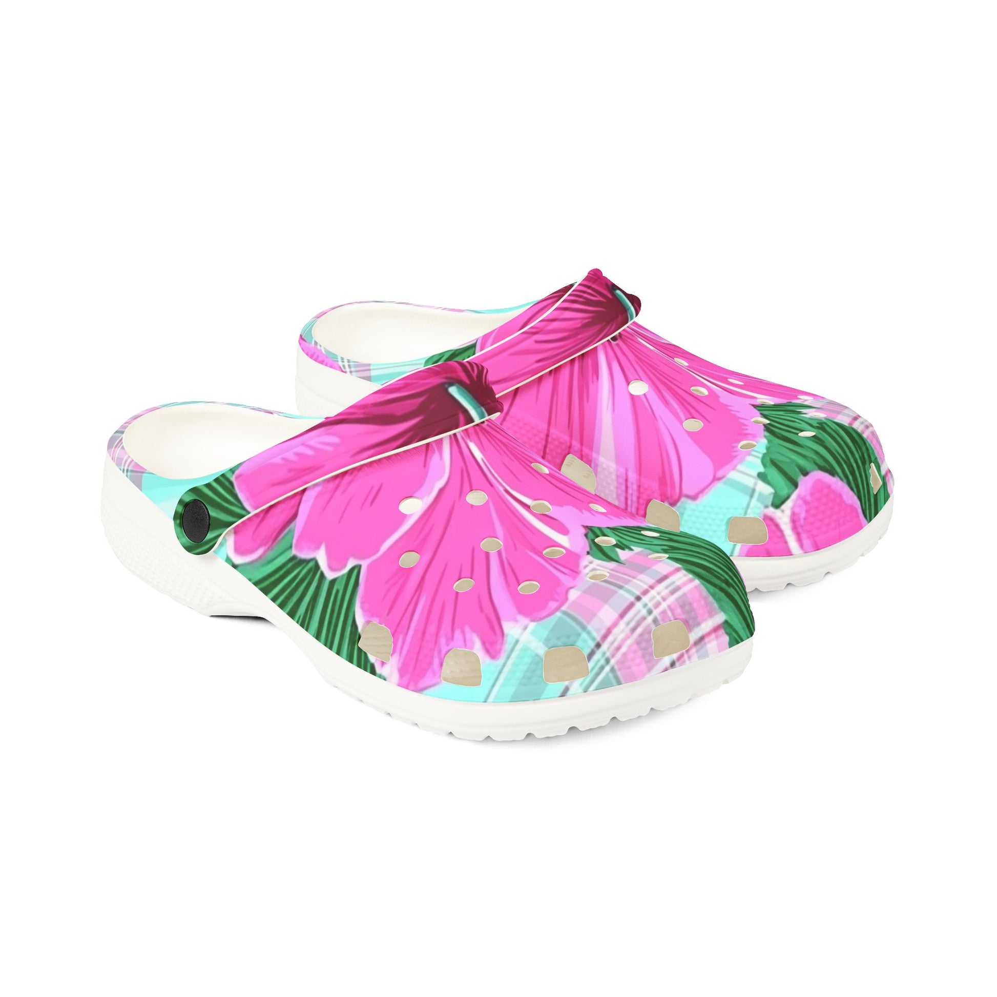 Plaid Hibiscus Pink and Yellow EVA Foam Rubber Shoes (AOP), Artsulli - Art is Long, Life is Short, Shoes, , , , , , , 