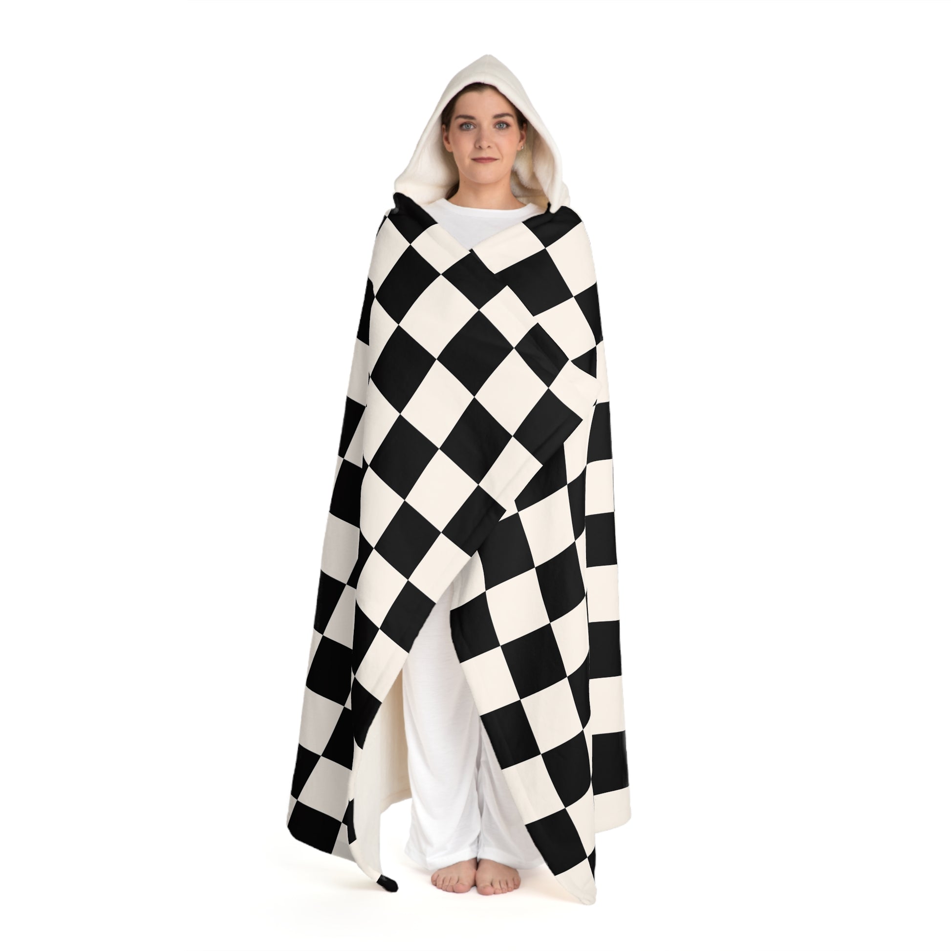 Checkerboard Black and White Hooded Sherpa Fleece Blanket, Artsulli - Art is Long, Life is Short, All Over Prints, , , , , , , 