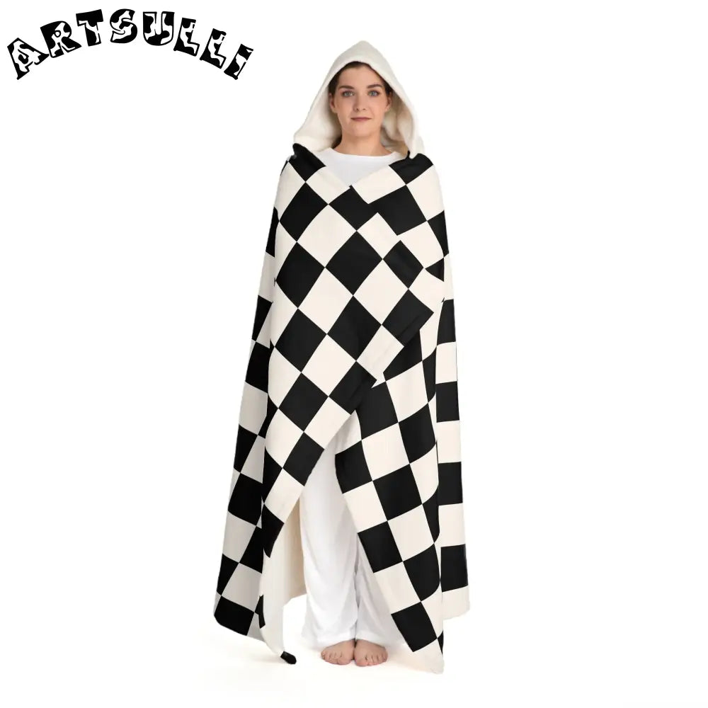 JAKKOUTTHEBXX Checkerboard Black and White Hooded Sherpa Fleece