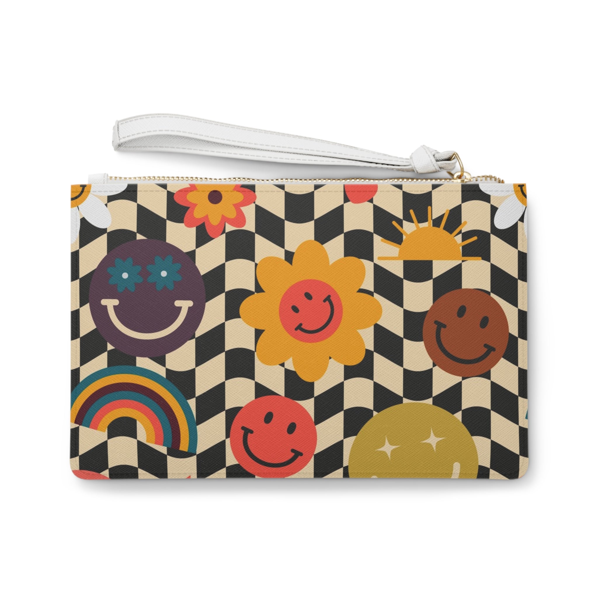 Trippy x Wavy Checkerboard x Smiley Face x Rainbow x Flowers Multi-Color Clutch Bag, Artsulli - Art is Long, Life is Short, Bags, , , , , , , 