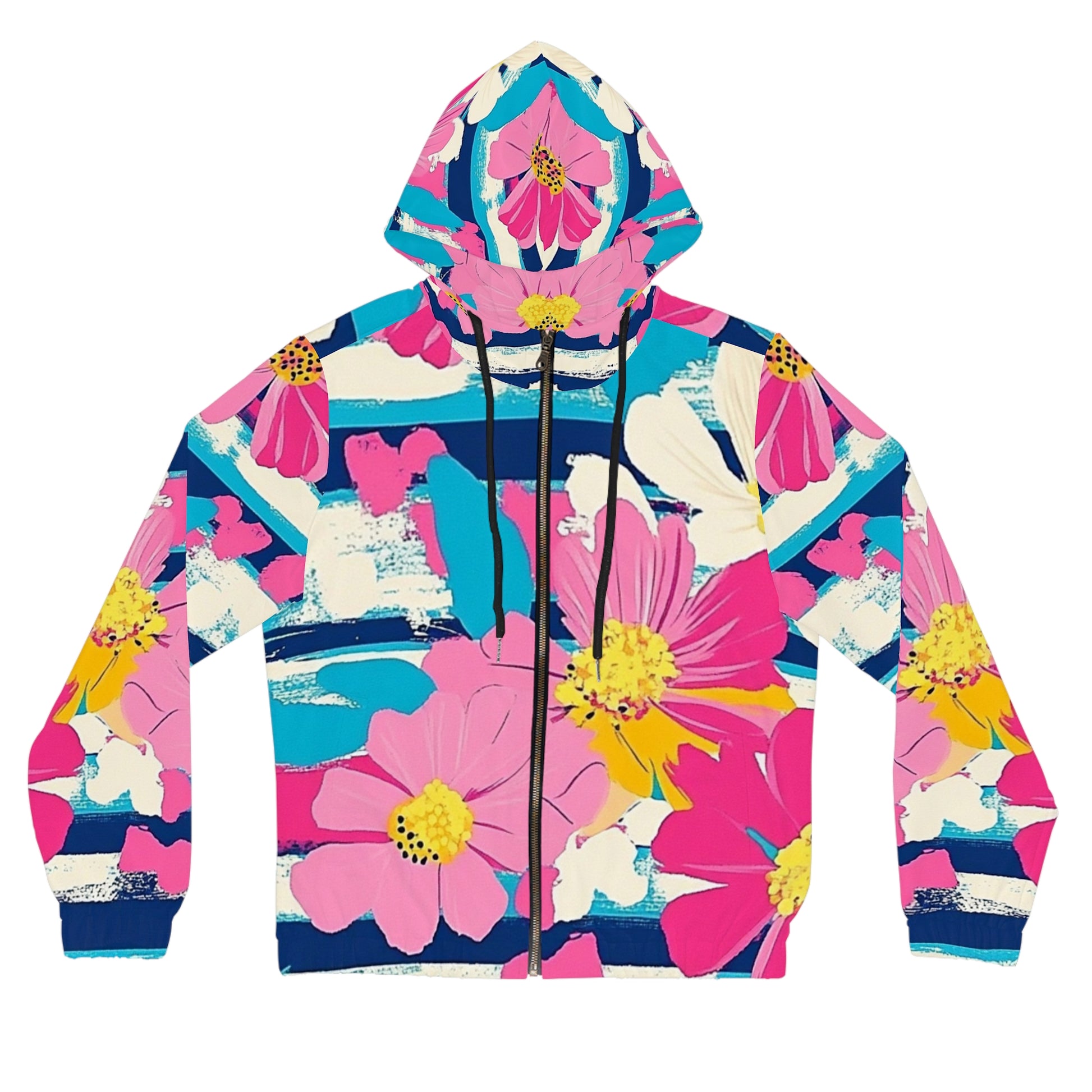 Dayglo Floral Stripes Women’s Full-Zip Hoodie (AOP), Artsulli - Art is Long, Life is Short, All Over Prints, Size, XS, Color, Black, , , 22022970233879967542