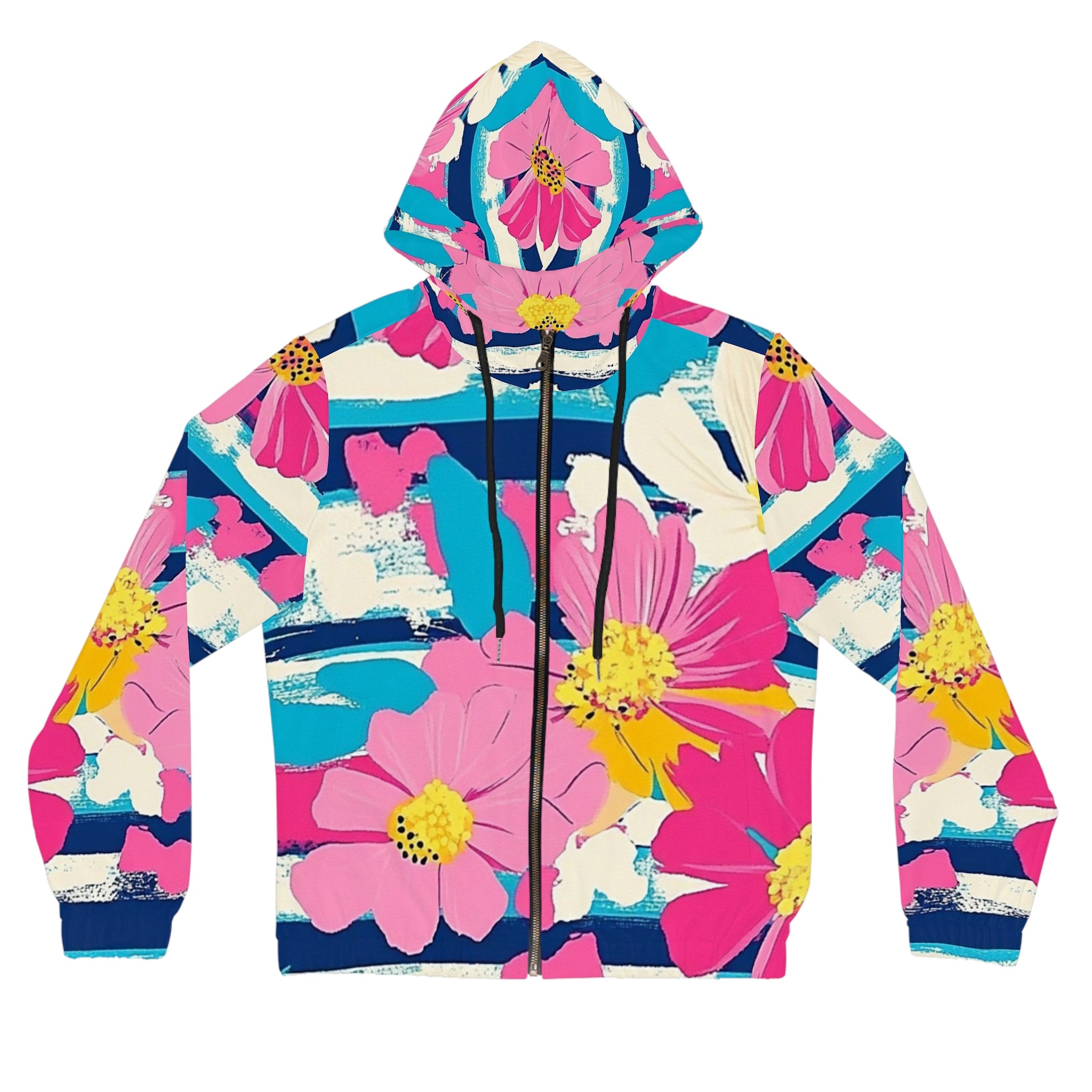 Dayglo Floral Stripes Women’s Full-Zip Hoodie (AOP), Artsulli - Art is Long, Life is Short, All Over Prints, Size, XS, Color, Black, , , 22022970233879967542