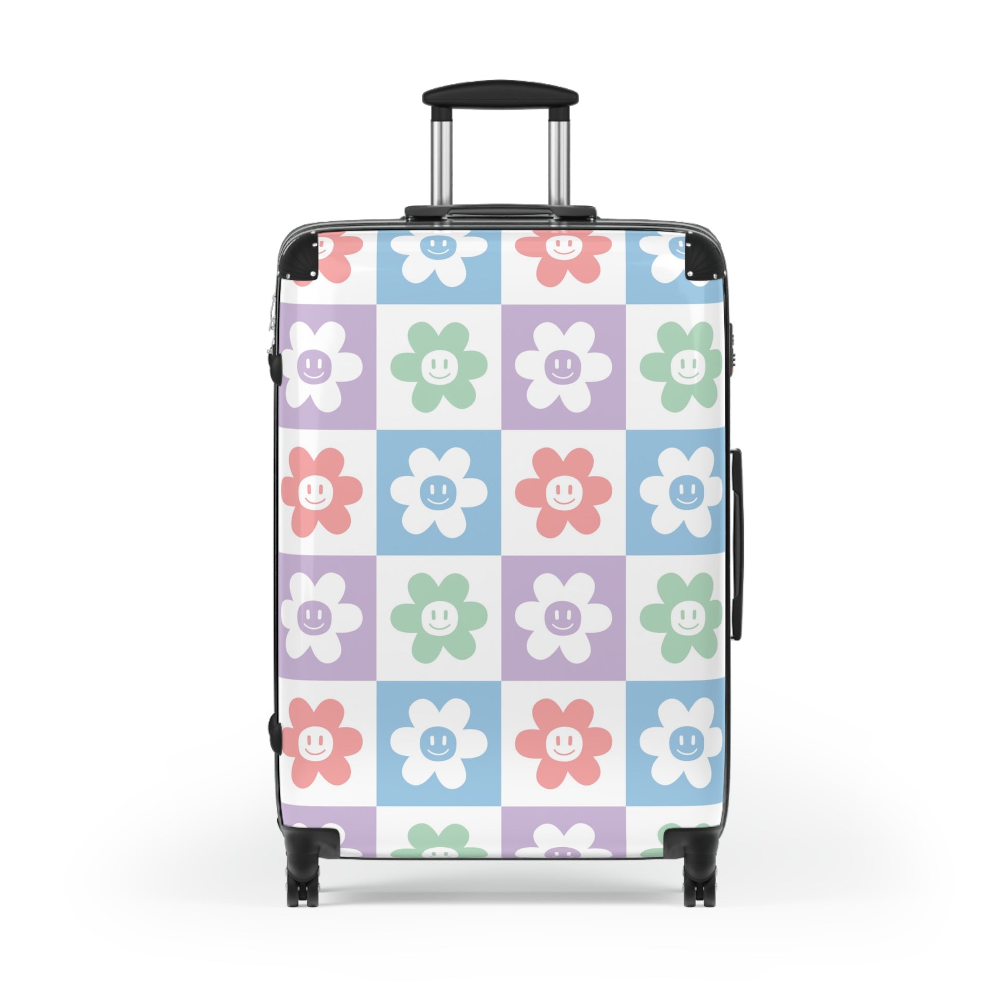 Chessboard x Smiley Face Flowers Multi-Color Suitcase, Artsulli - Art is Long, Life is Short, Bags, , , , , , , 