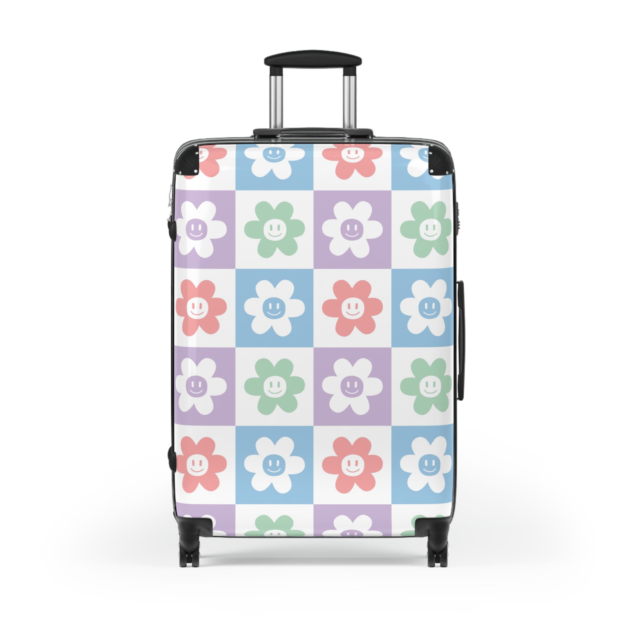 Chessboard x Smiley Face Flowers Multi-Color Suitcase, Artsulli - Art is Long, Life is Short, Bags, , , , , , , 