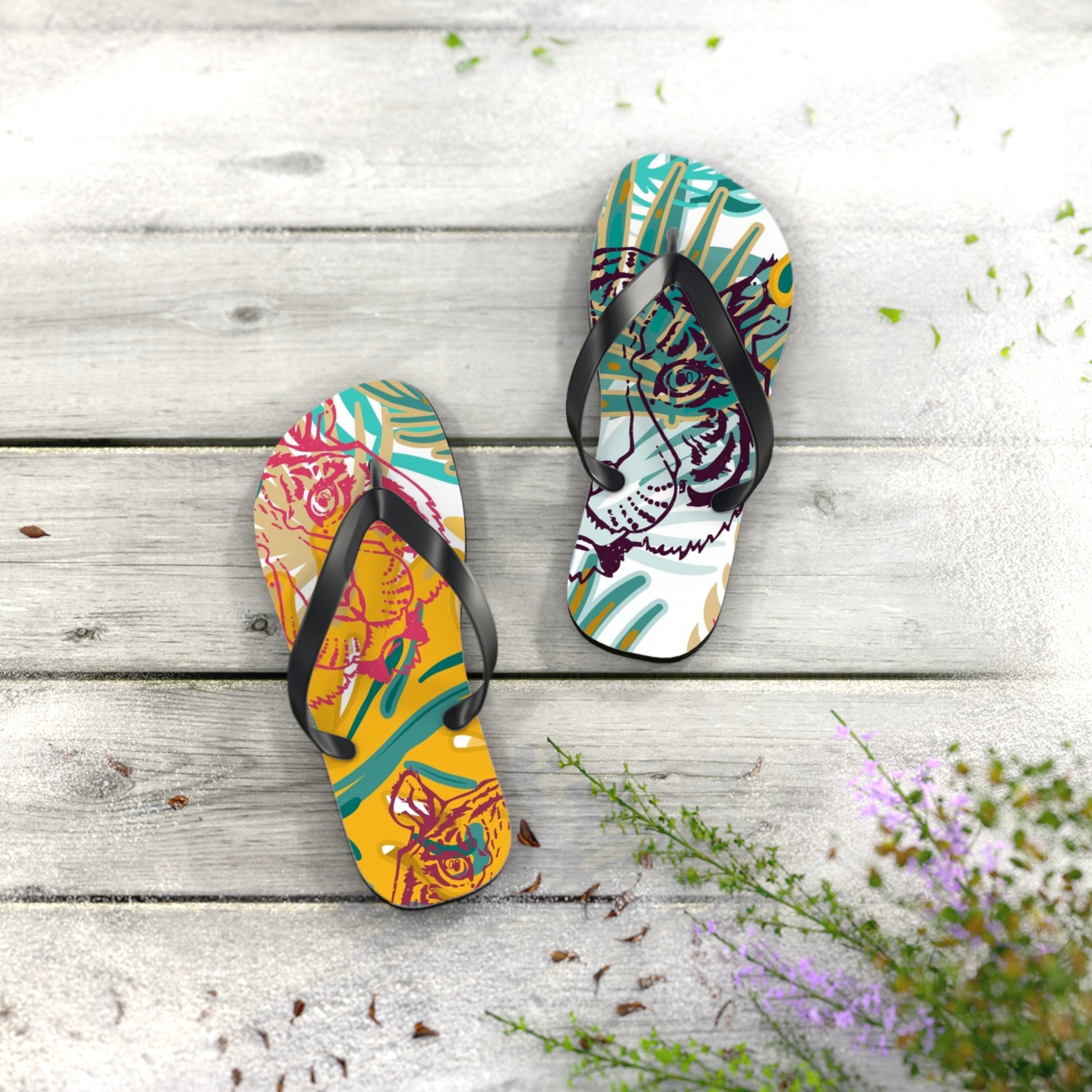 Tropical Jungle Tigers Brown and Green Flip Flops, Artsulli - Art is Long, Life is Short, Shoes, , , , , , , 