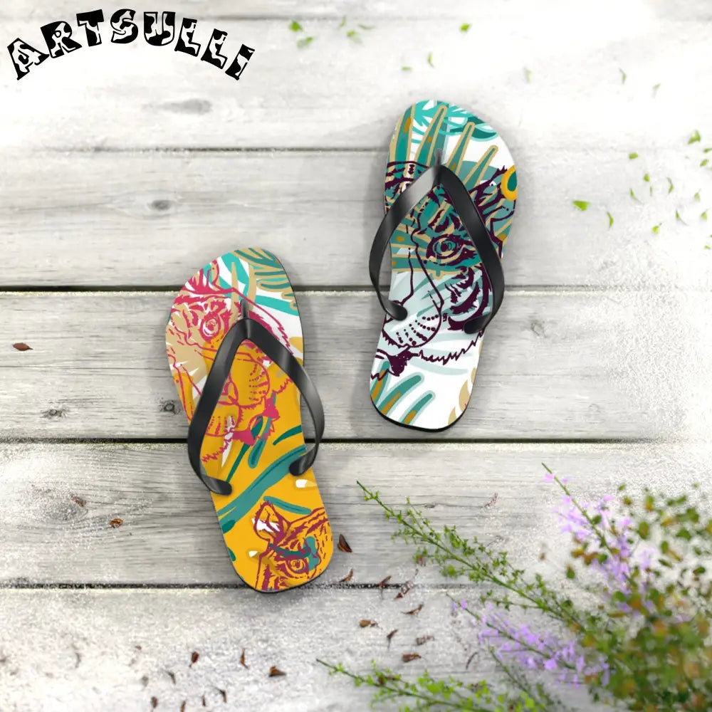 JAKKOUTTHEBXX Tropical Jungle Tigers Brown and Green Flip Flops