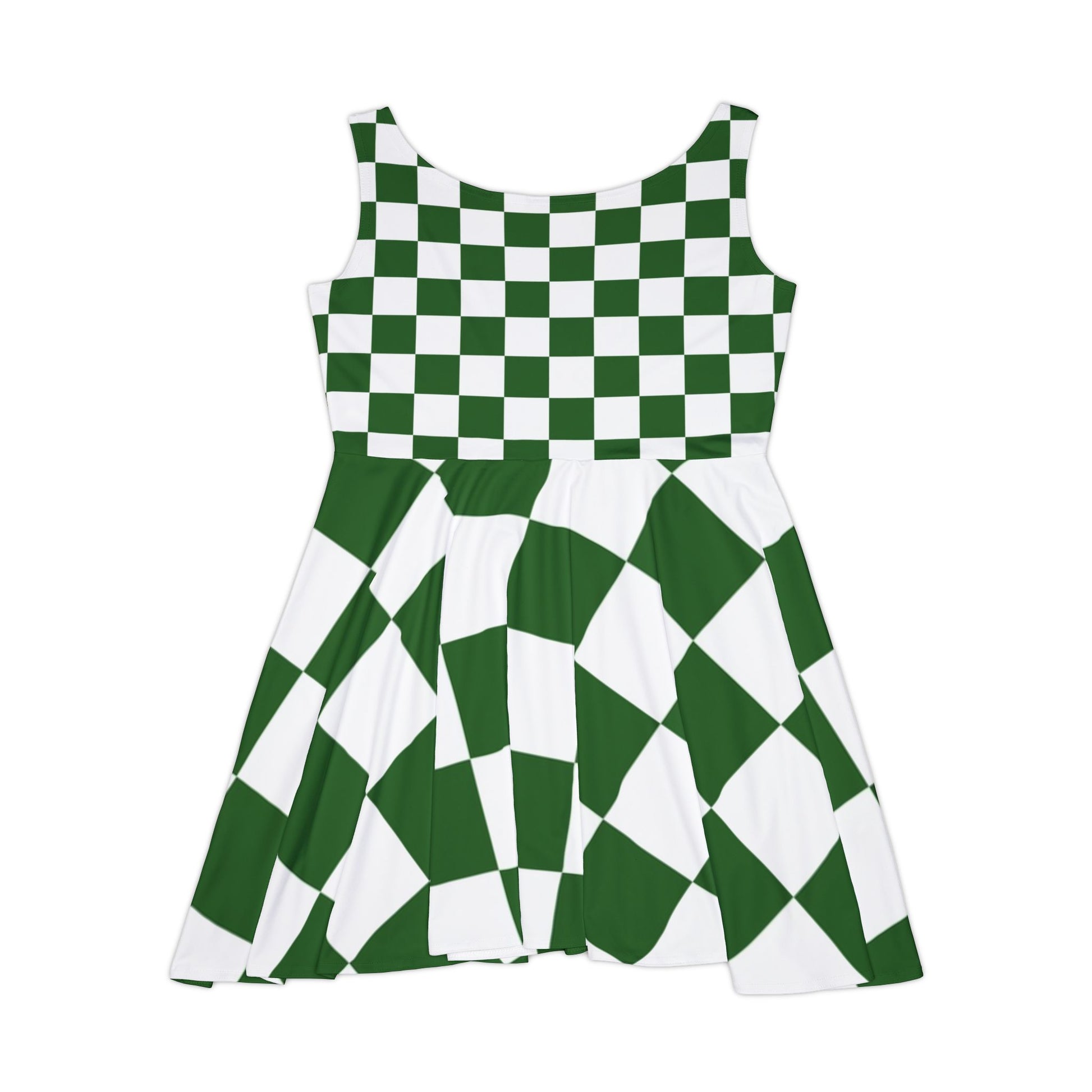 Checkerboard White and Dark Green Women's Skater Dress (AOP), Artsulli - Art is Long, Life is Short, All Over Prints, , , , , , , 