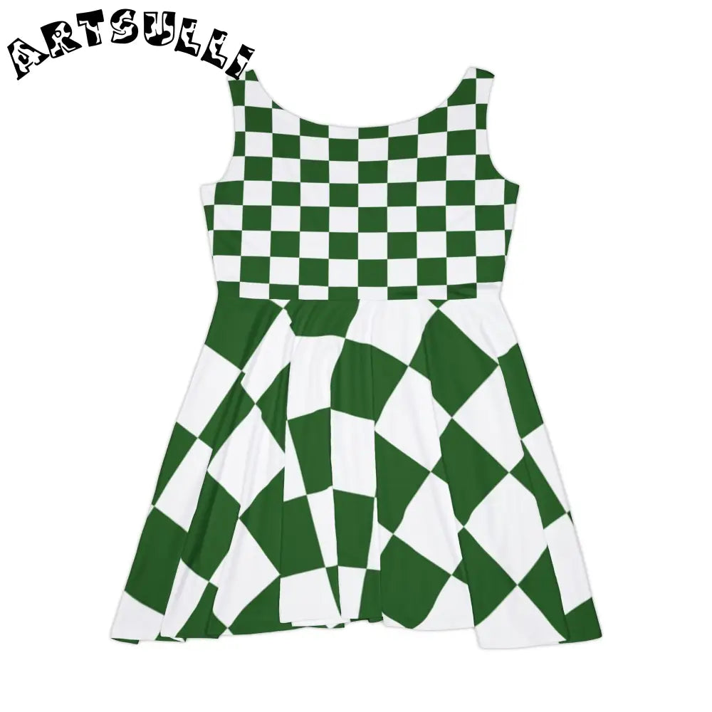 JAKKOUTTHEBXX Checkerboard White and Dark Green Women’s Skater Dress