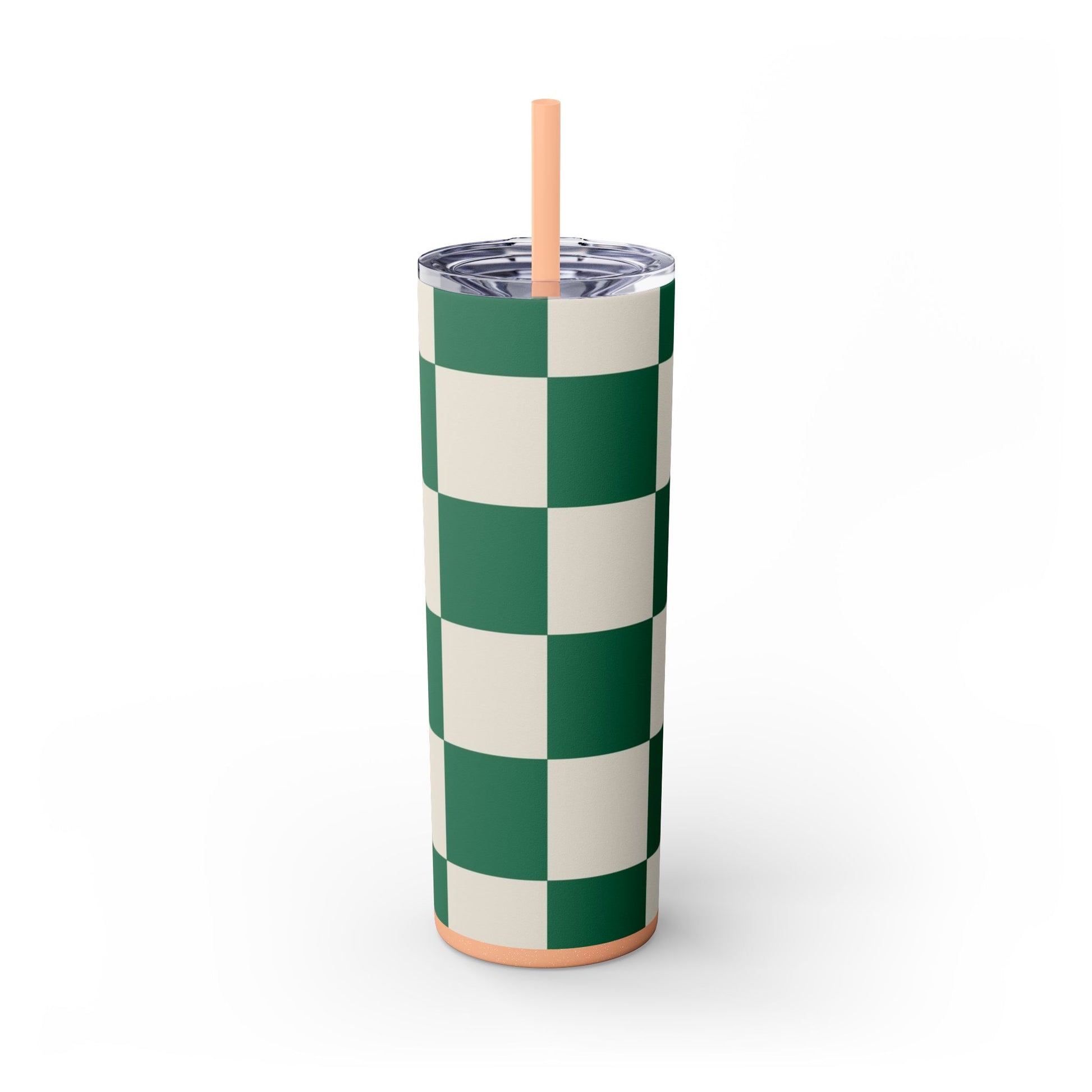 Checkerboard Dark Green Skinny Tumbler with Straw, 20oz, Artsulli - Art is Long, Life is Short, Mug, , , , , , , 