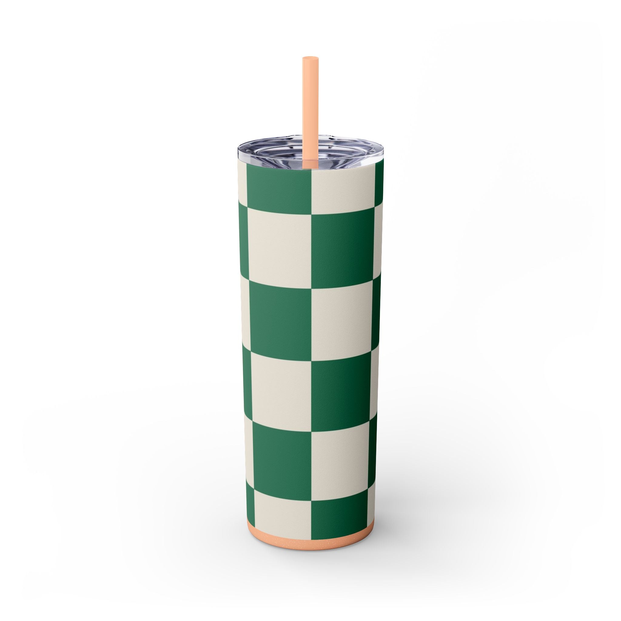 Checkerboard Dark Green Skinny Tumbler with Straw, 20oz, Artsulli - Art is Long, Life is Short, Mug, , , , , , , 