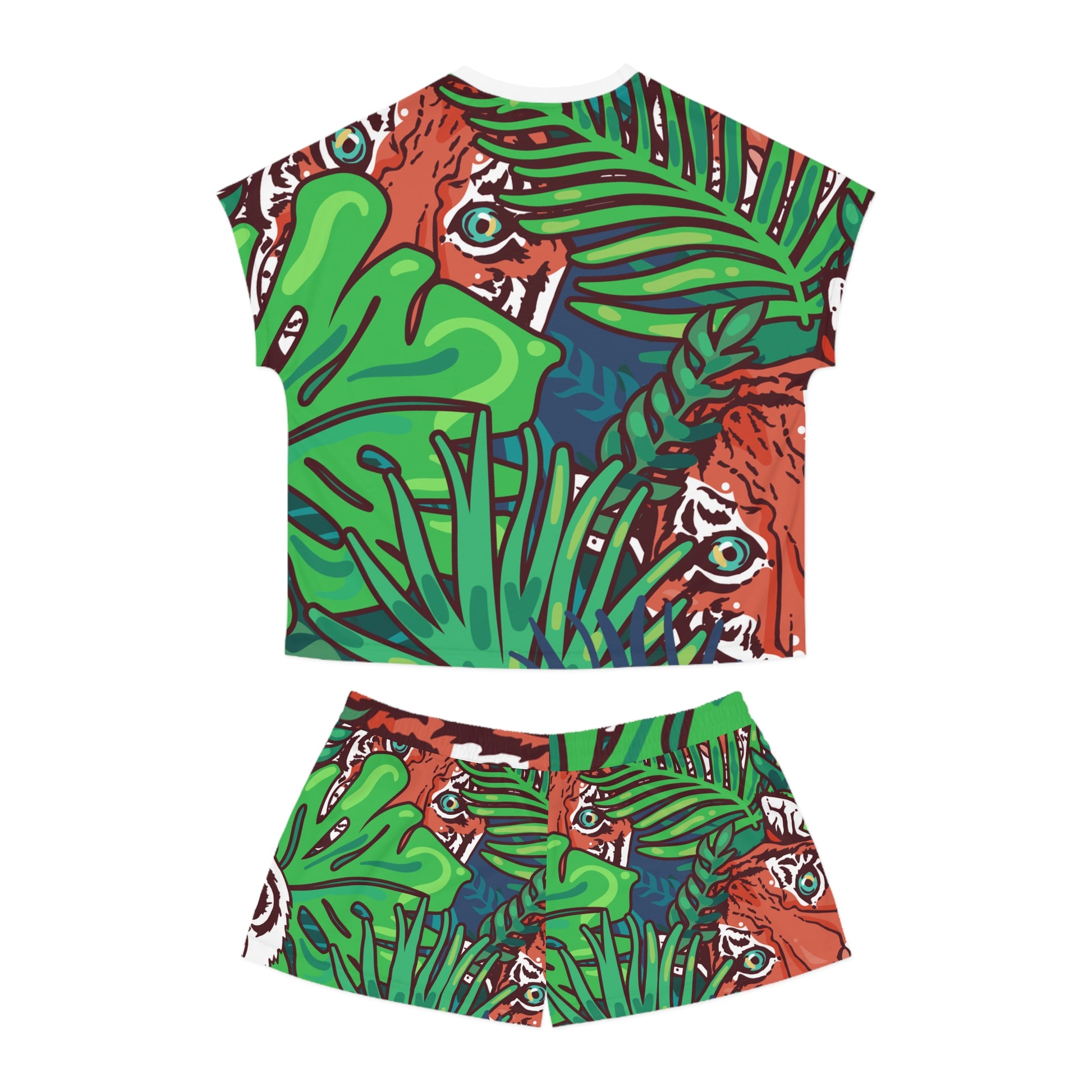 Tropical Jungle Tigers Blue and Green Women's Short Pajama Set (AOP), Artsulli - Art is Long, Life is Short, All Over Prints, , , , , , , 