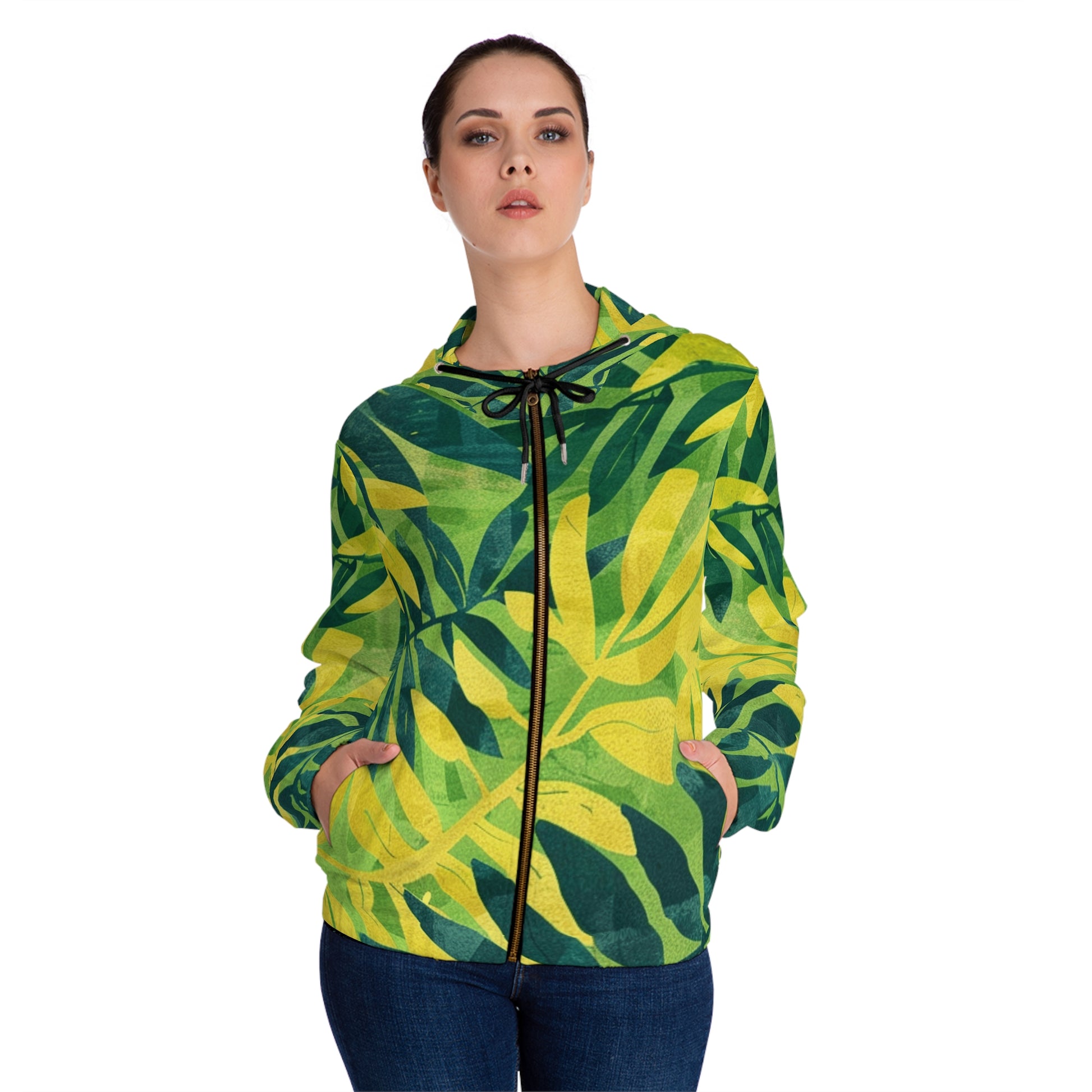 Green Leaf x Yellow Leaf x Tropical x Jungle Women’s Full-Zip Hoodie (AOP), Artsulli - Art is Long, Life is Short, All Over Prints, , , , , , , 