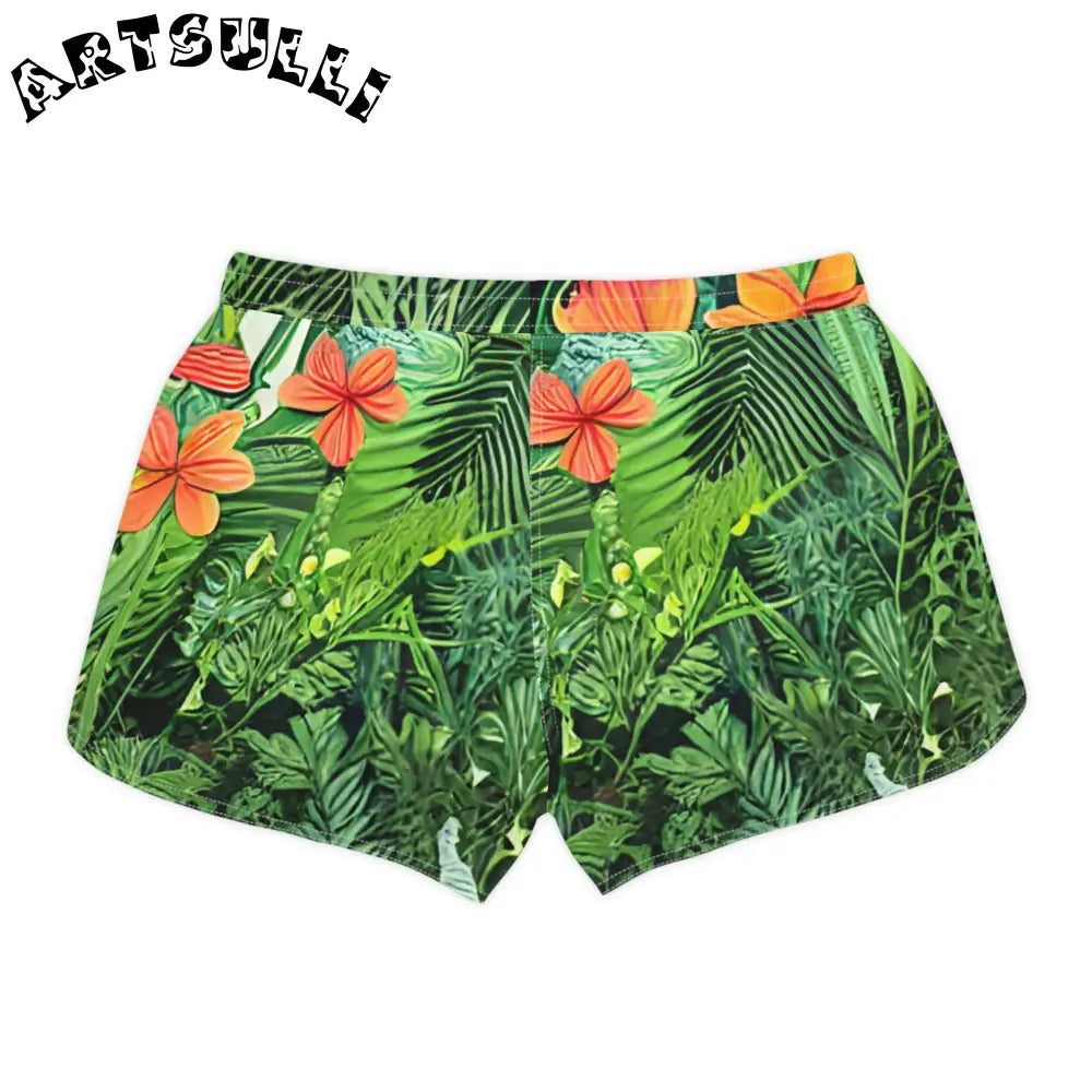 JAKKOUTTHEBXX Tropical Print Athletic Shorts with Black Drawstring