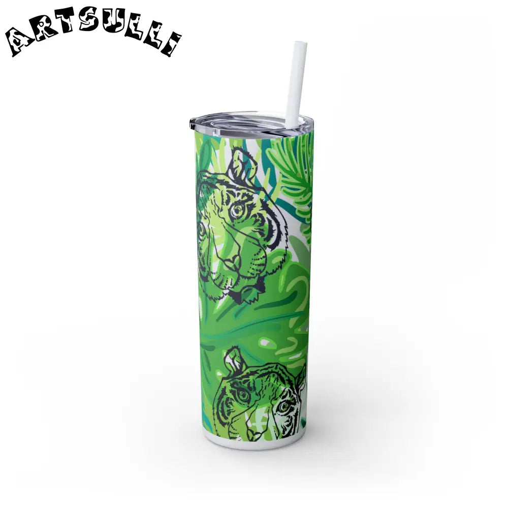 JAKKOUTTHEBXX Tropical Jungle Tigers Green Skinny Tumbler with Straw