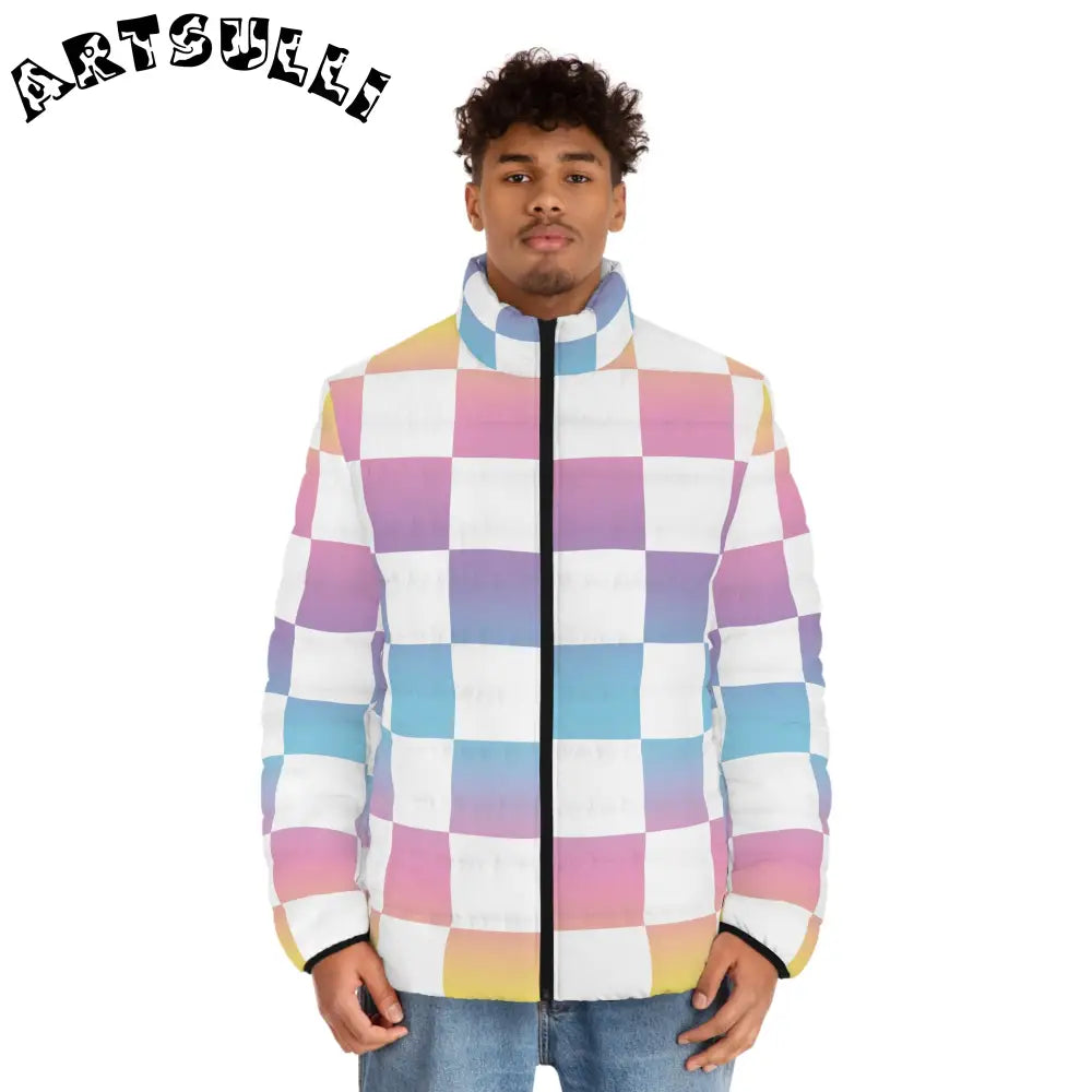 JAKKOUTTHEBXX Vaporwave Check Men’s Puffer Jacket (AOP)