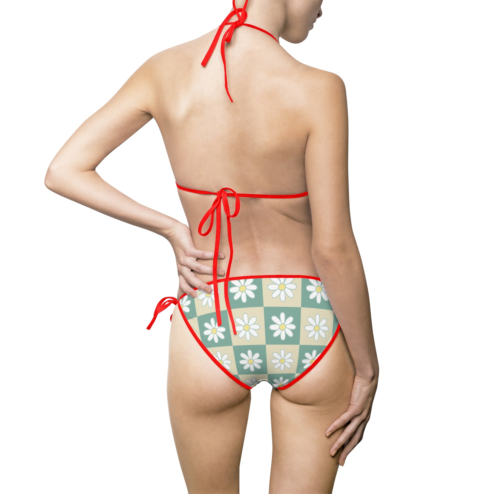 Retro Daisy Checkerboard Green and Tan Women's Bikini Swimsuit (AOP), Artsulli - Art is Long, Life is Short, All Over Prints, , , , , , , 