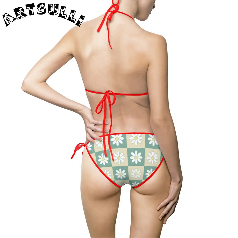 JAKKOUTTHEBXX Retro Daisy Checkerboard Green and Tan Women’s Bikini