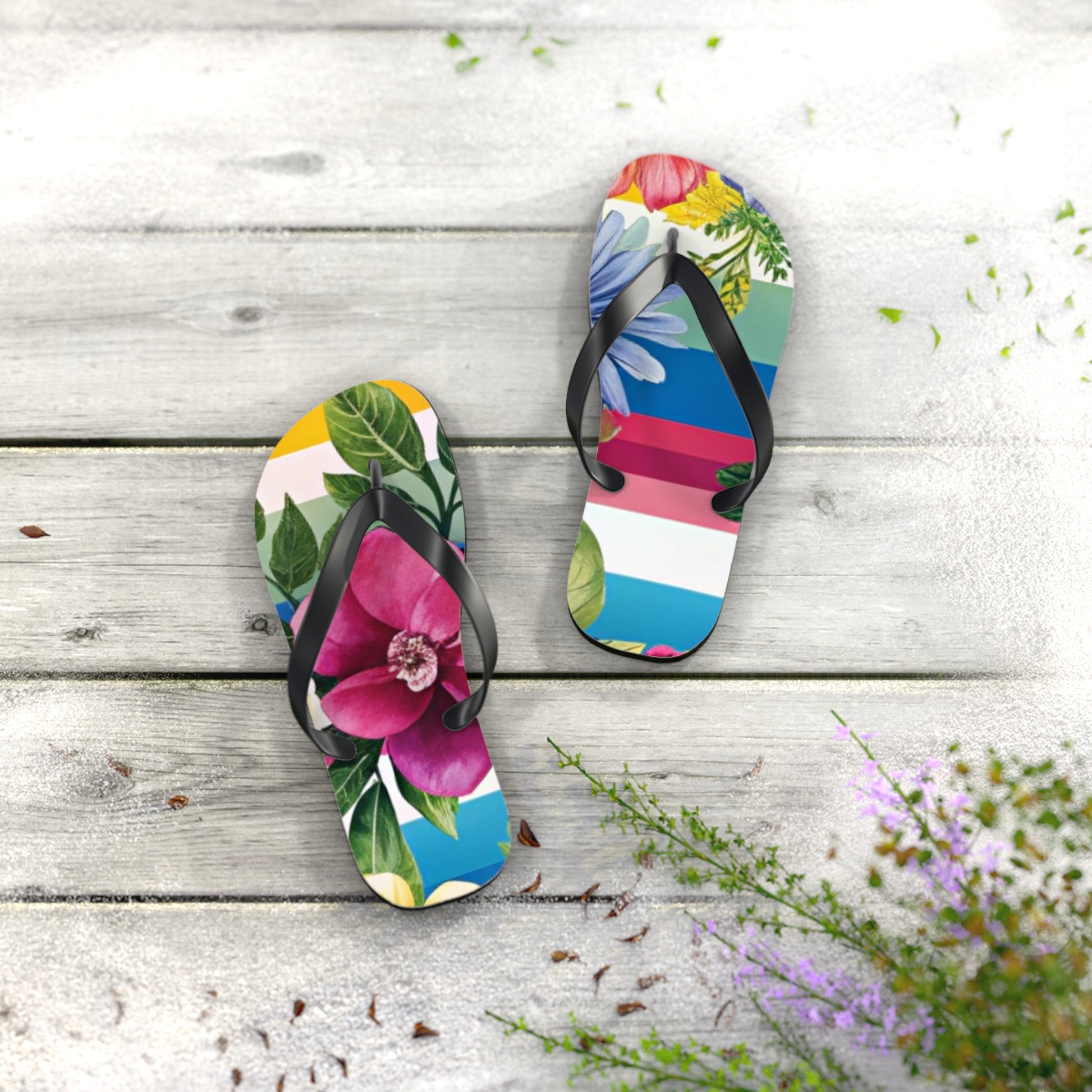 Floral Stripe 4K Flip Flops, Artsulli - Art is Long, Life is Short, Shoes, , , , , , , 