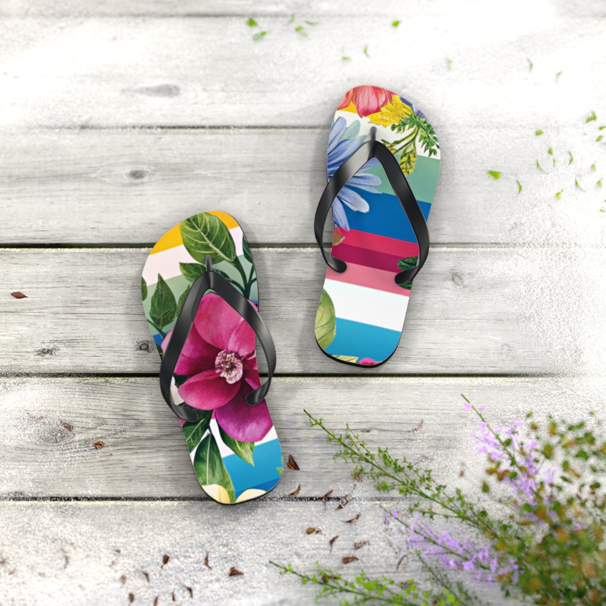 Floral Stripe 4K Flip Flops, Artsulli - Art is Long, Life is Short, Shoes, , , , , , , 