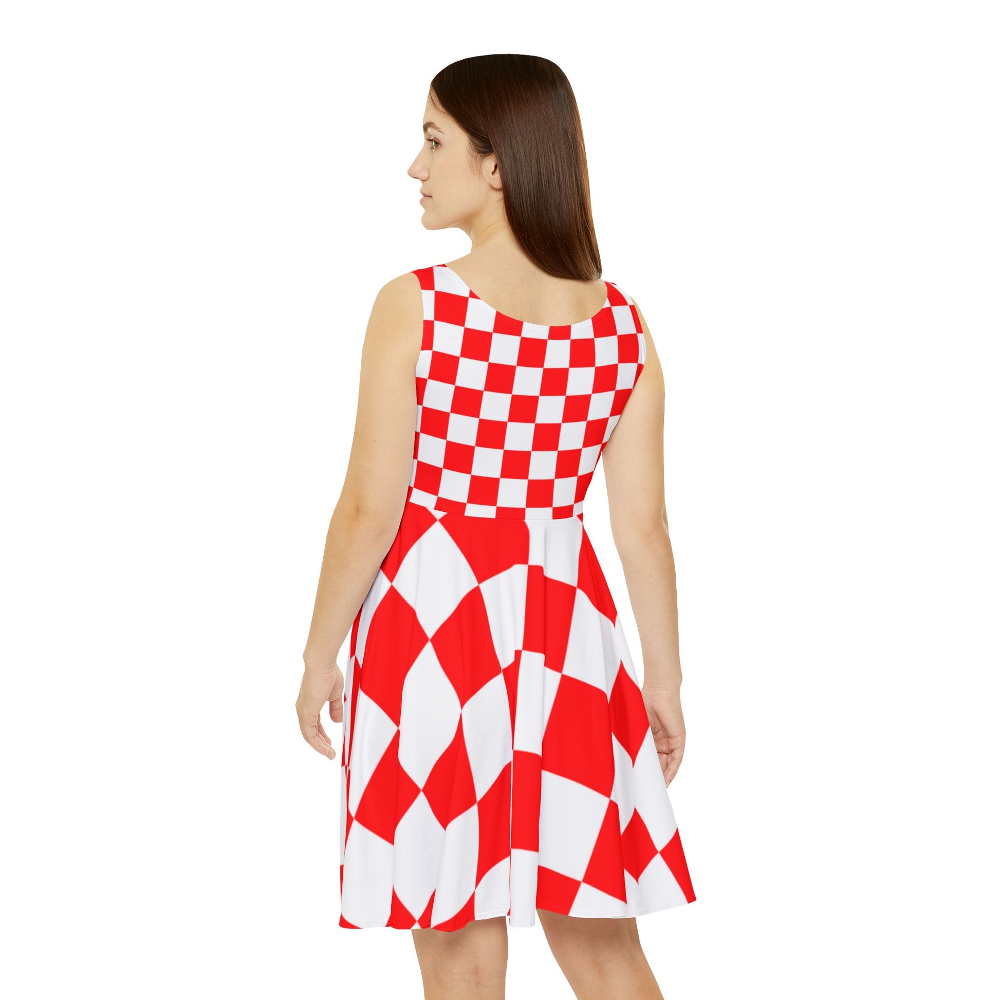 Checkerboard Red and White Women's Skater Dress (AOP), Artsulli - Art is Long, Life is Short, All Over Prints, , , , , , , 
