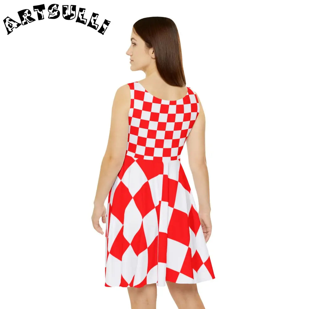 JAKKOUTTHEBXX Checkerboard Red and White Women’s Skater Dress (AOP)