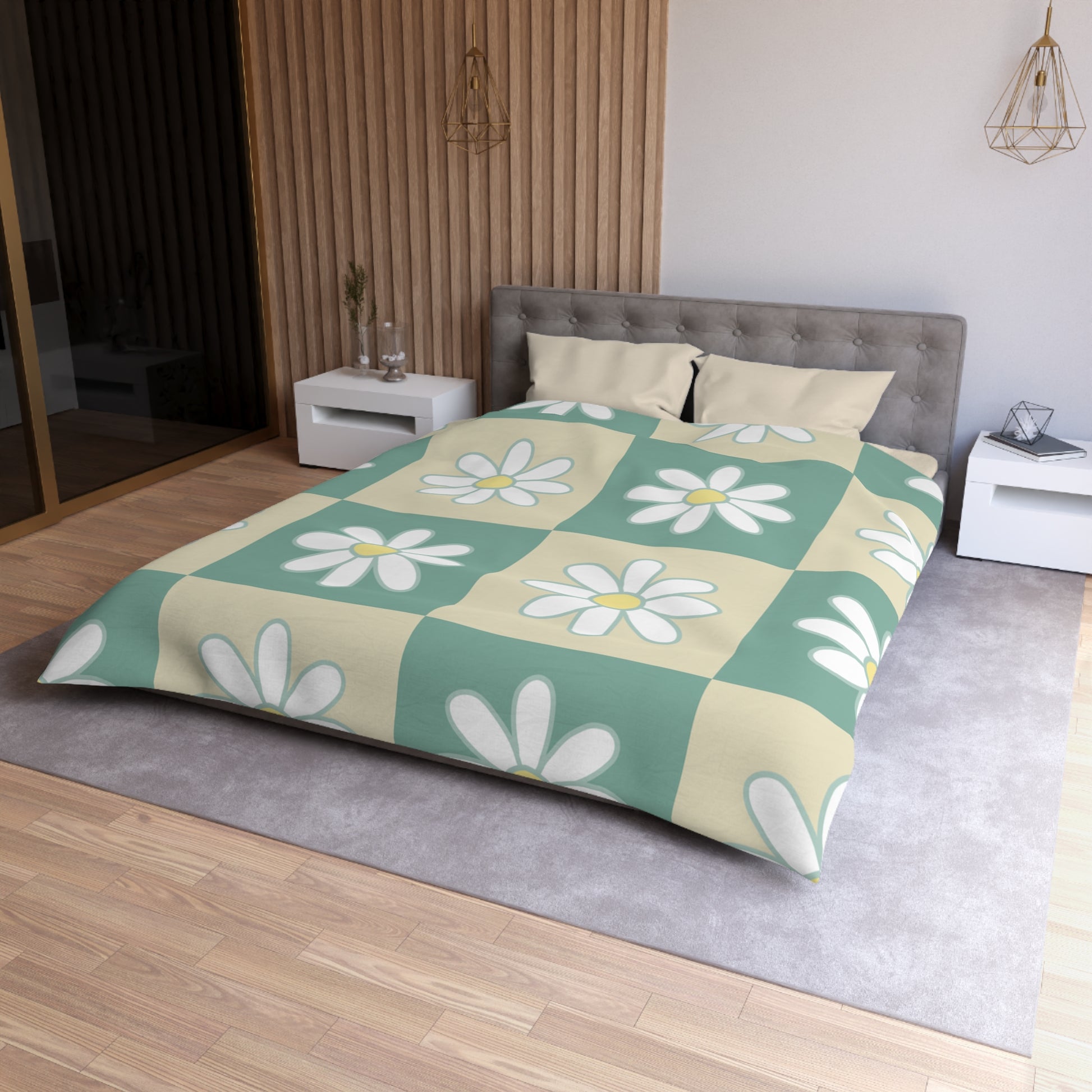 Retro Daisy Checkerboard Green and Tan Microfiber Duvet Cover, Artsulli - Art is Long, Life is Short, Home Decor, , , , , , , 