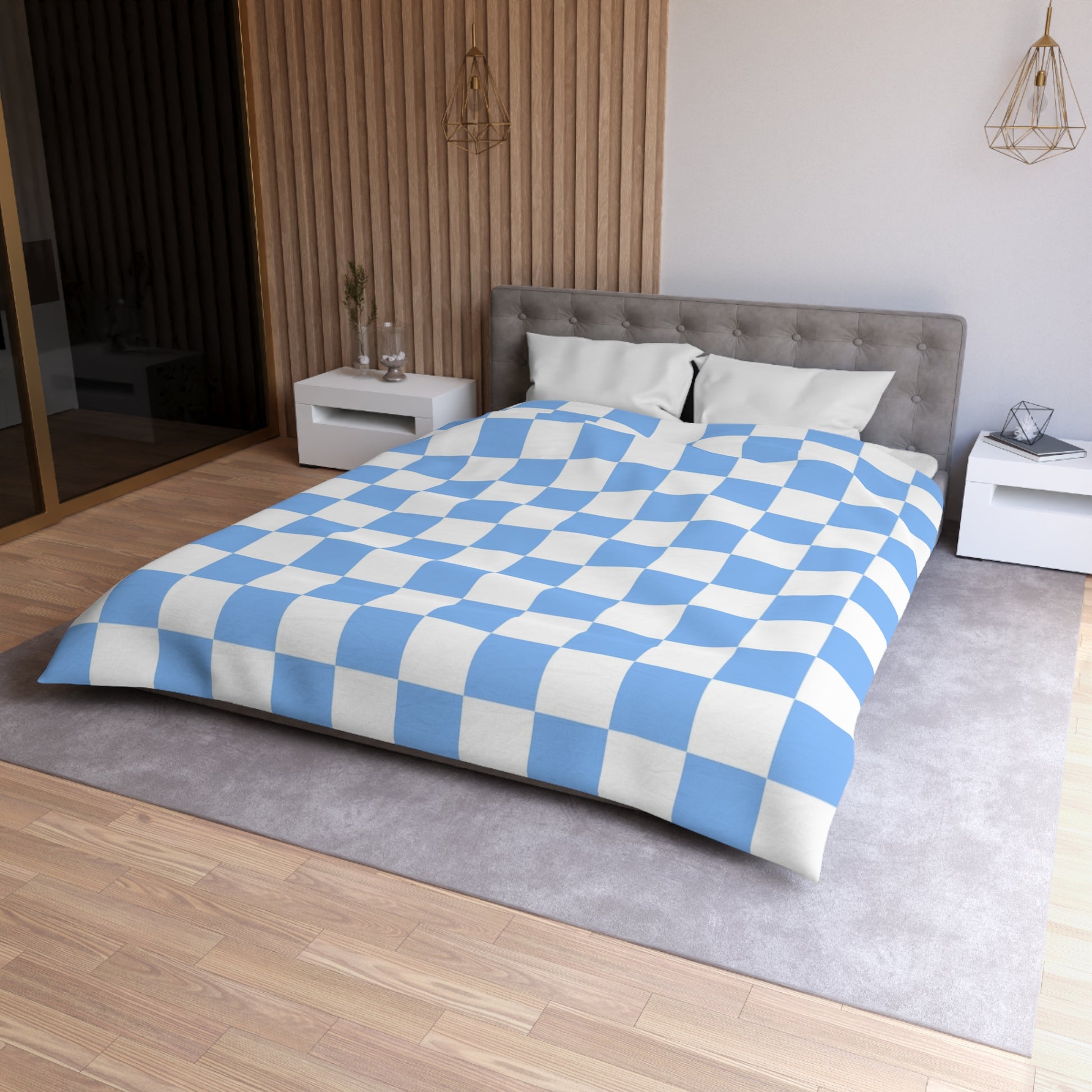 Checkerboard White and Light Blue Microfiber Duvet Cover, Artsulli - Art is Long, Life is Short, Home Decor, , , , , , , 