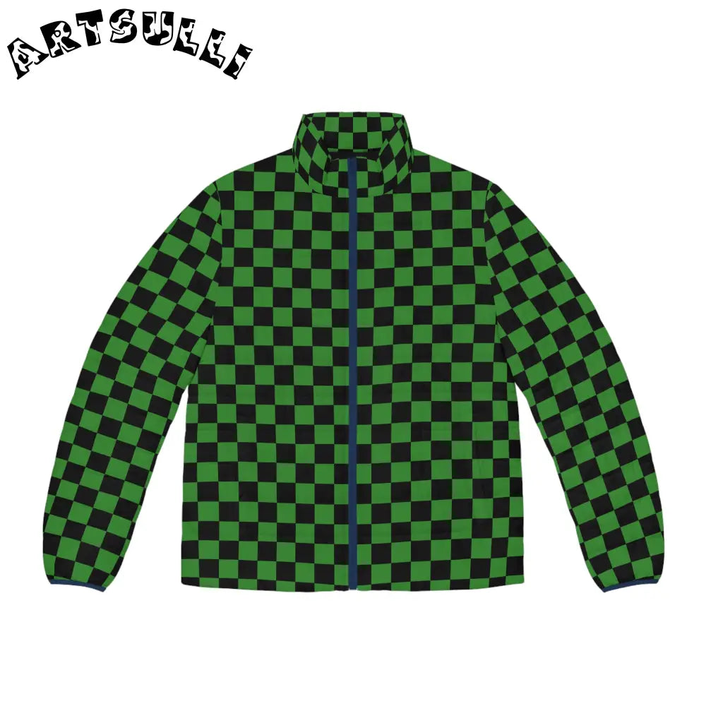 JAKKOUTTHEBXX Checkerboard Green and Black Men’s Puffer Jacket (AOP)