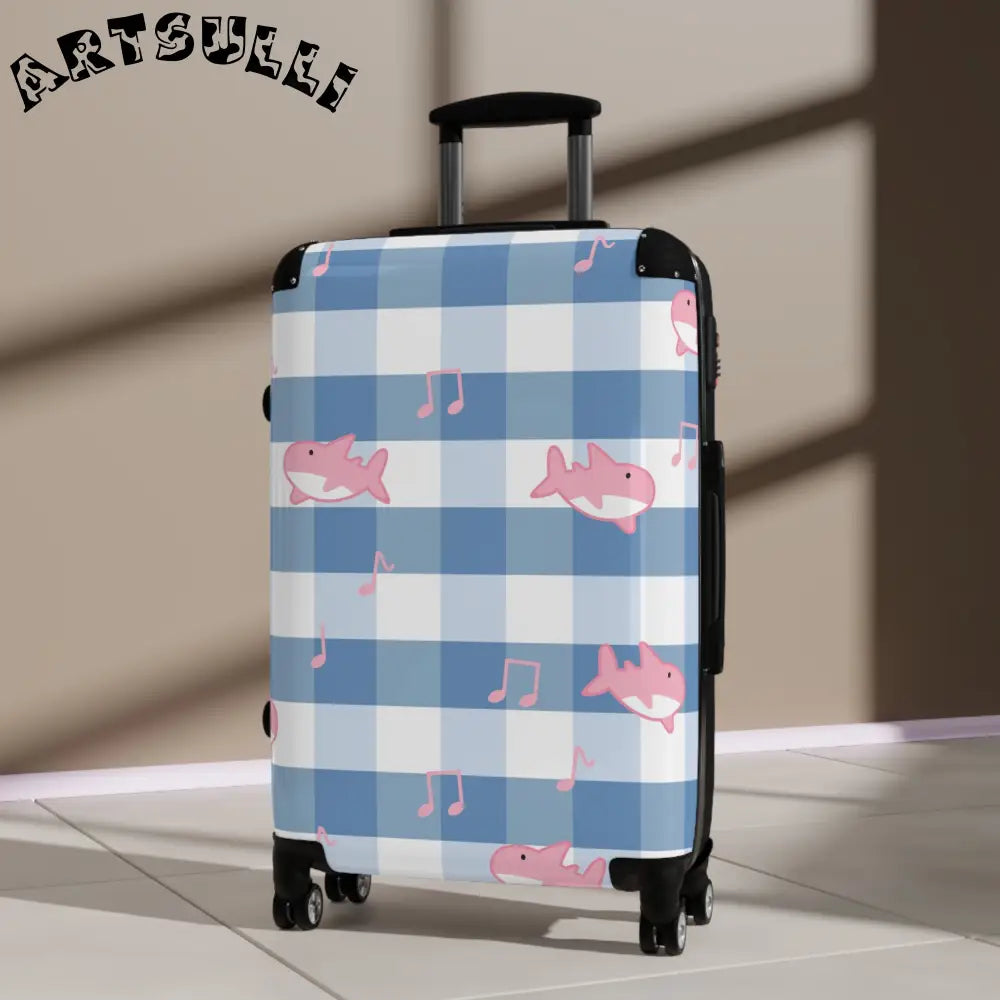 JAKKOUTTHEBXX Checkered Traveling Suitcase with Pink Sharks and Music Notes 2025