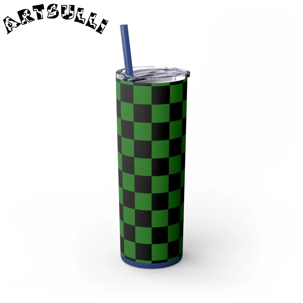 JAKKOUTTHEBXX Checkerboard Green and Black Skinny Tumbler with Straw