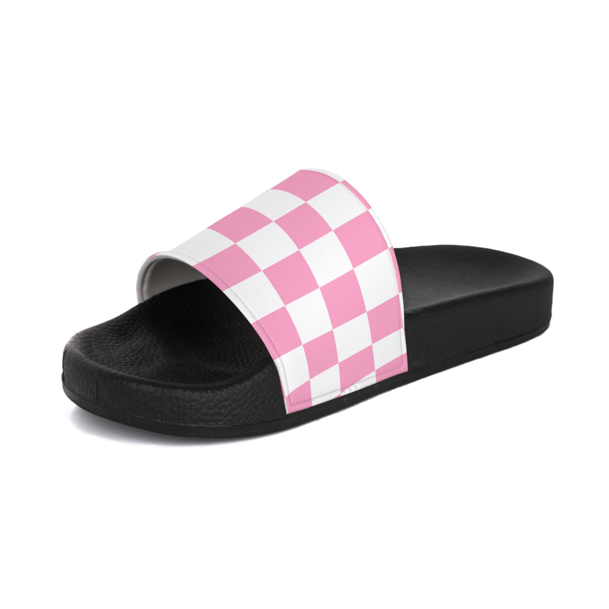 Checkerboard Hot Pink and White Women's Slide Sandals, Artsulli - Art is Long, Life is Short, Shoes, , , , , , , 