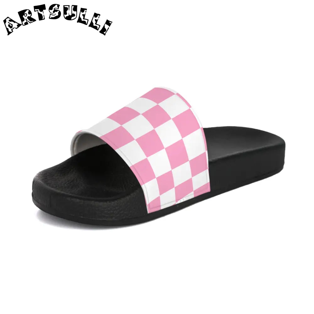 JAKKOUTTHEBXX Checkerboard Hot Pink and White Women’s Slide Sandals
