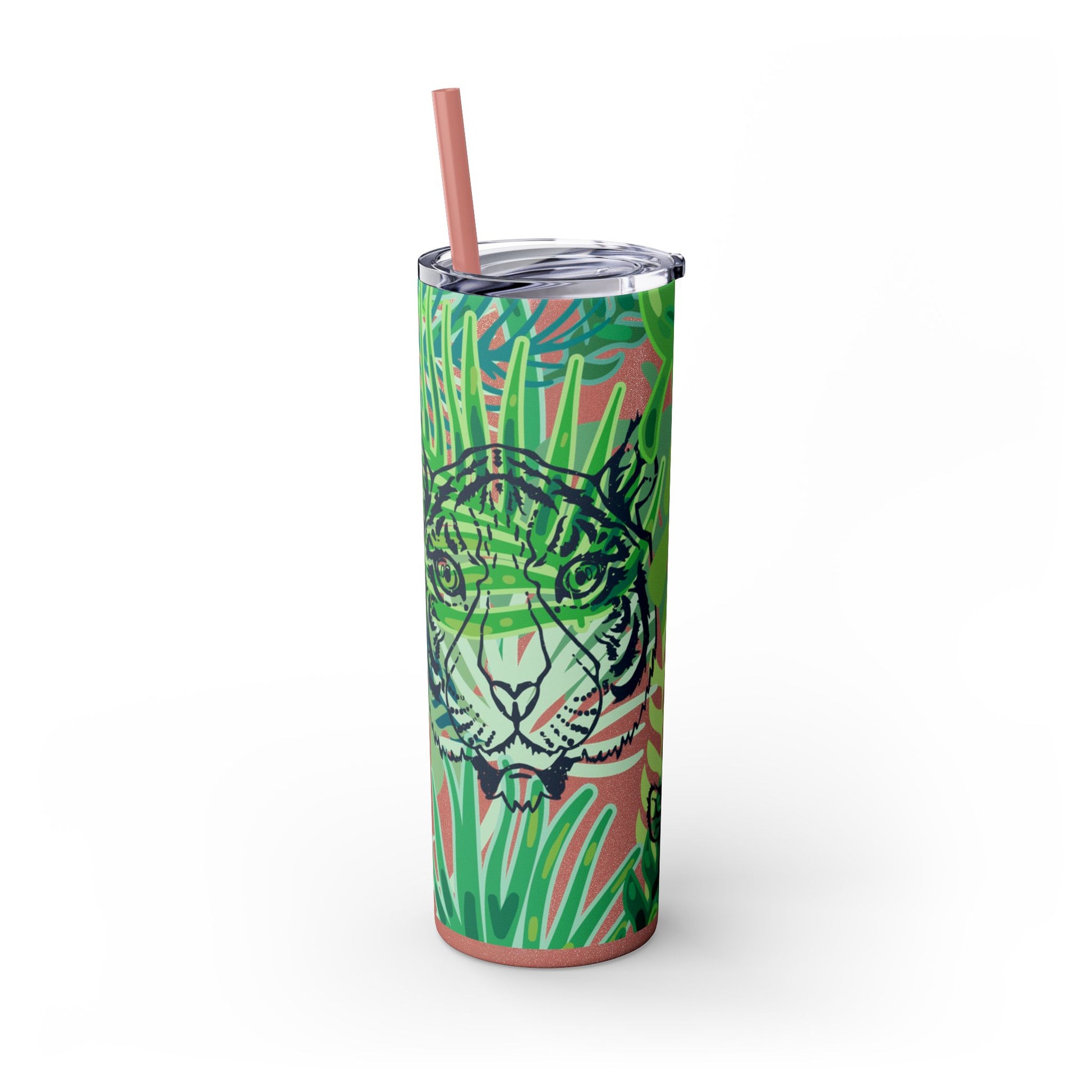 Tropical Jungle Tigers Green Skinny Tumbler with Straw, 20oz, Artsulli - Art is Long, Life is Short, Mug, , , , , , , 