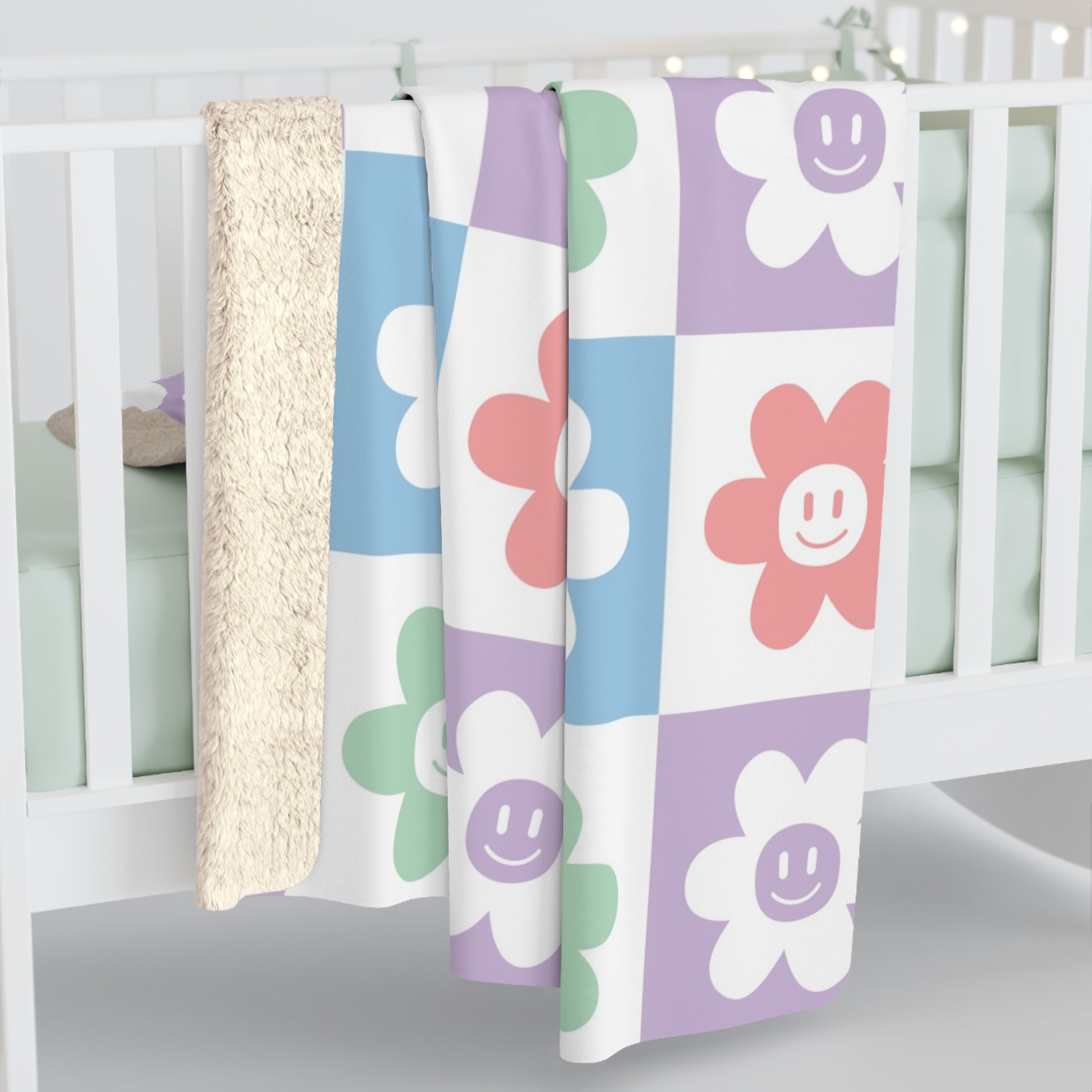Chessboard x Smiley Face Flowers Multi-Color Sherpa Fleece Blanket, Artsulli - Art is Long, Life is Short, Home Decor, , , , , , , 