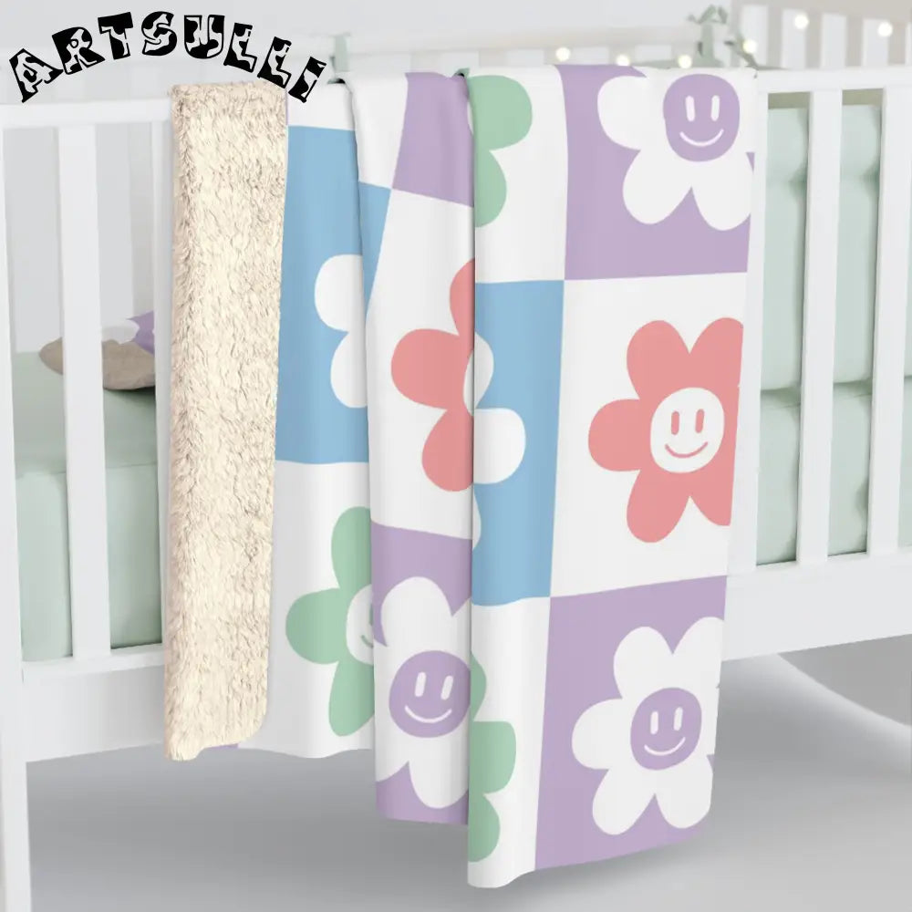 JAKKOUTTHEBXX Smiling Flower Checkerboard Sherpa Fleece Blanket 2025